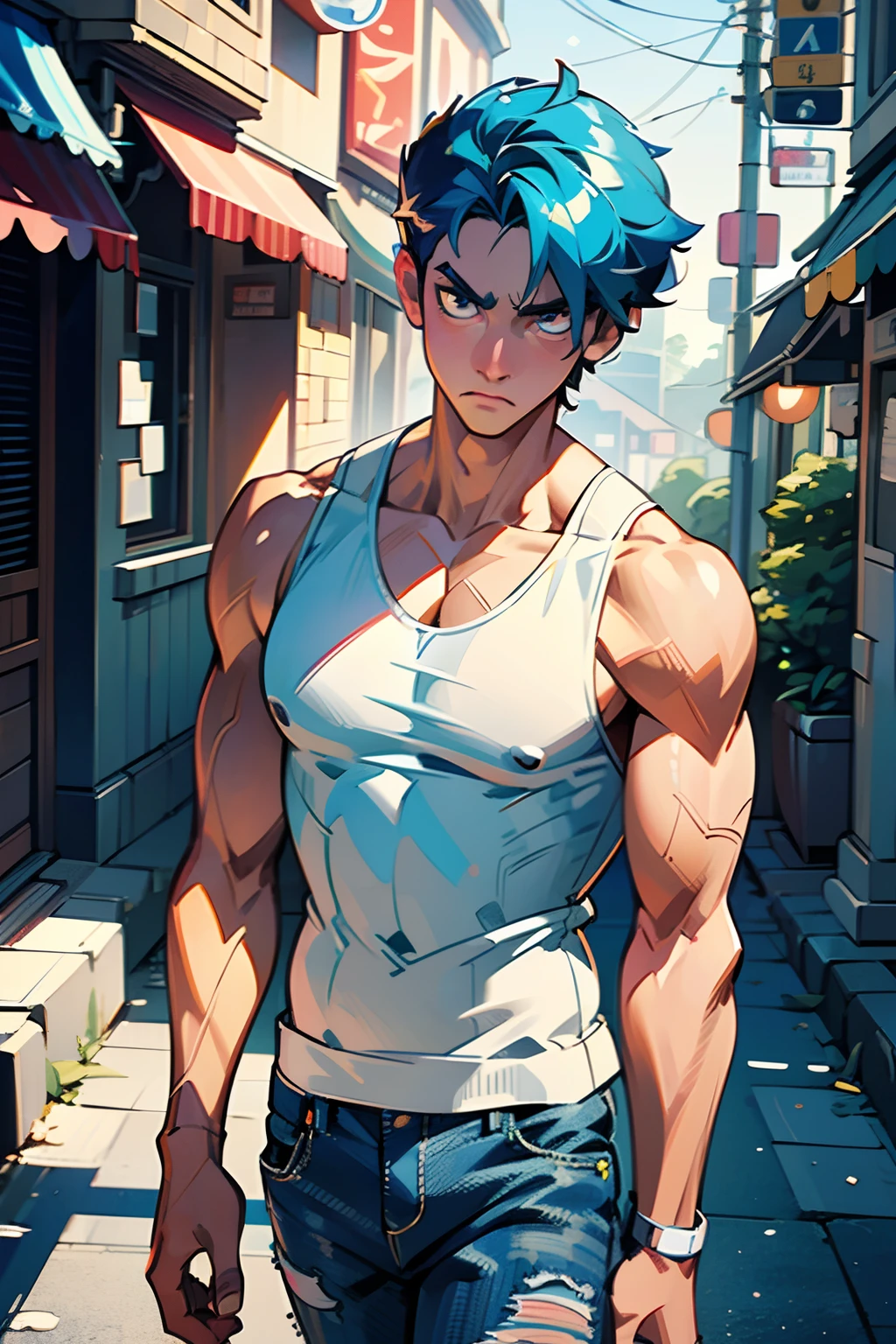 guy in a white beater tank top and dark jeans, walking down a neighborhood street, Back on 74; (((Best quality))) masterpiece vector illustration; anime character in sharp focus; detailed and vibrant anime face;  character design; beautiful and vibrant digital art, hyperdetailed; overexaggerated features; Dynamic Lighting; Volumetric Lighting in 8k, Ultra Sharp Focus; intricate Artwork Masterpiece