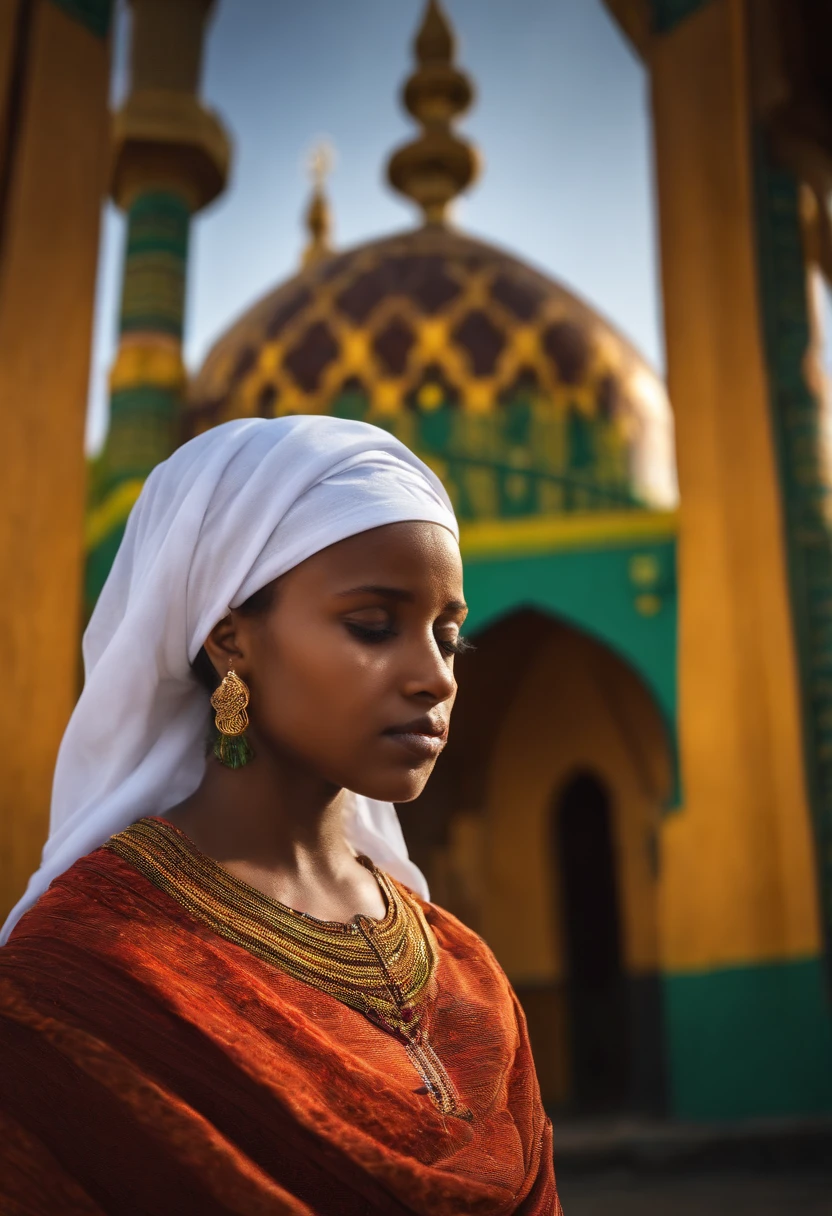 An Ethiopian Christian beautiful girl praying in front of mosque