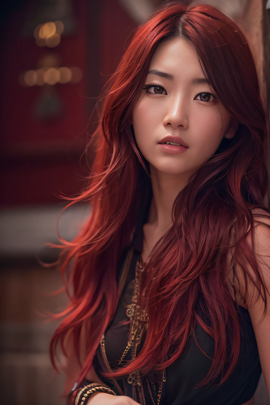 32K（tmasterpiece，k hd，hyper HD，32K）a single photo realistic of a Long dark red haired skinny pretty Asian woman, dark red hair, in Spain, with long dark red hair, high resolution， the detail， RAW photogr， Sharp Re， Nikon D850 Film Stock Photo by Jefferies Lee 4 Kodak Portra 400 Camera F1.6 shots, Rich colors, ultra-realistic vivid textures, Dramatic lighting, Unreal Engine Art Station Trend, cinestir 800 --no blurred background, no blur