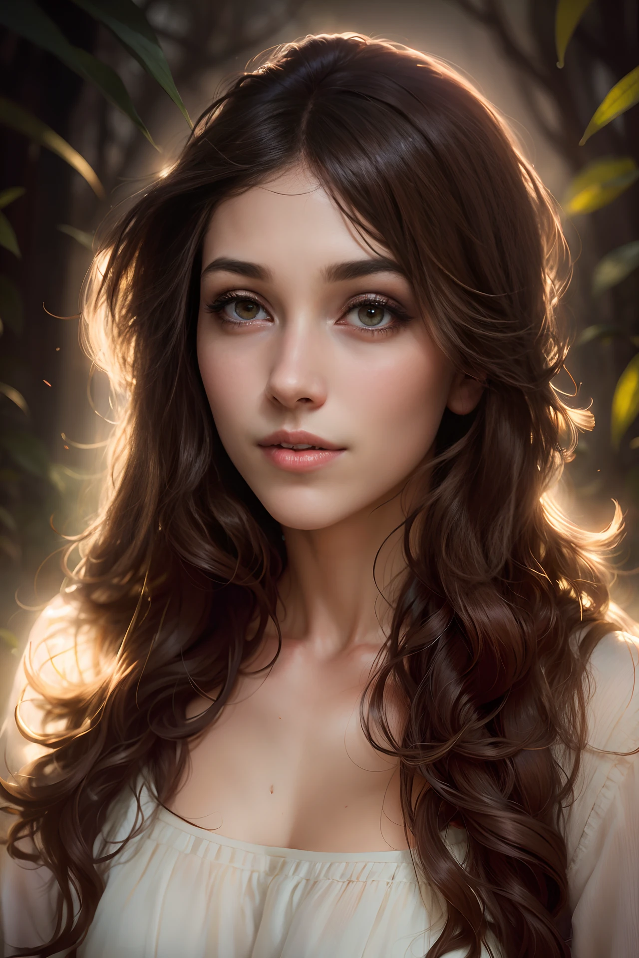 “Whimsical portrait of a person in a dreamy, natural environment with soft lighting.”
