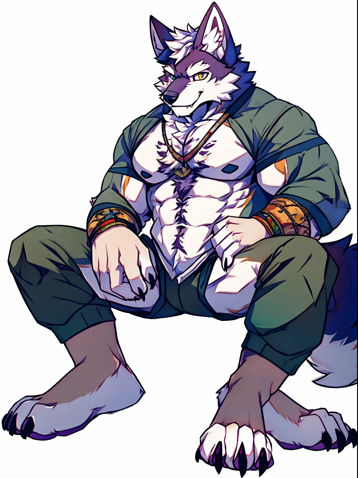 Human-wolf,musculous,Hairy all over,clawed paws,erect through