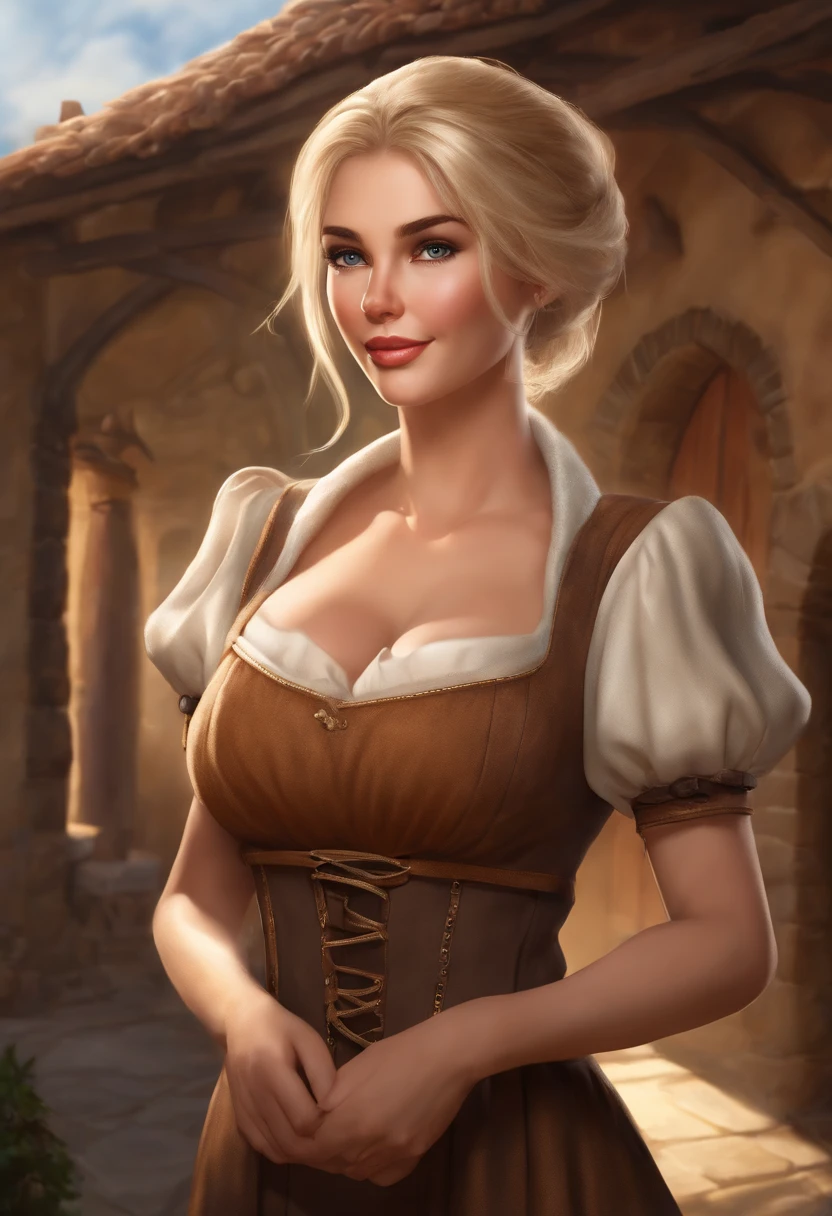 portrait of Terra,is shy from below, mature female, perfect blue eyes, Blond hair, short ponytail with bangs, , oversized , big sagging , big , oversized , gigantic  ,brown medieval clothing with a apron, medieval snowing village, sunlight, volumetric lighting, centered, realistic, best quality, masterpiece, solo,