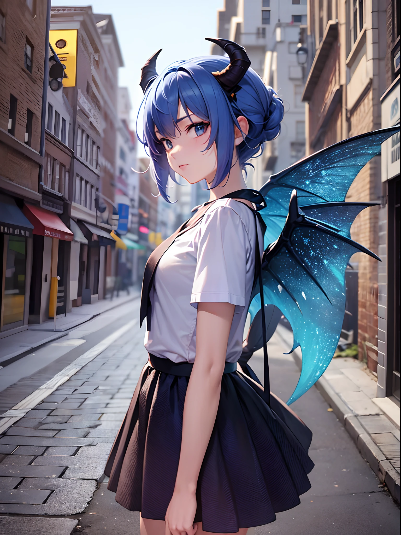 Anime girl with blue hair and horns on the street, 3D Realistic Anime, 2. 5 d cgi anime fantasy artwork, anime style 3D, Anime style. 8K, 4K Anime Style, Realistic anime in 3D style, deviantart artstation cgscosiety, digital anime art, Gwise Style Art Art, Detailed Digital Anime Art, White shirt, Dragon wings