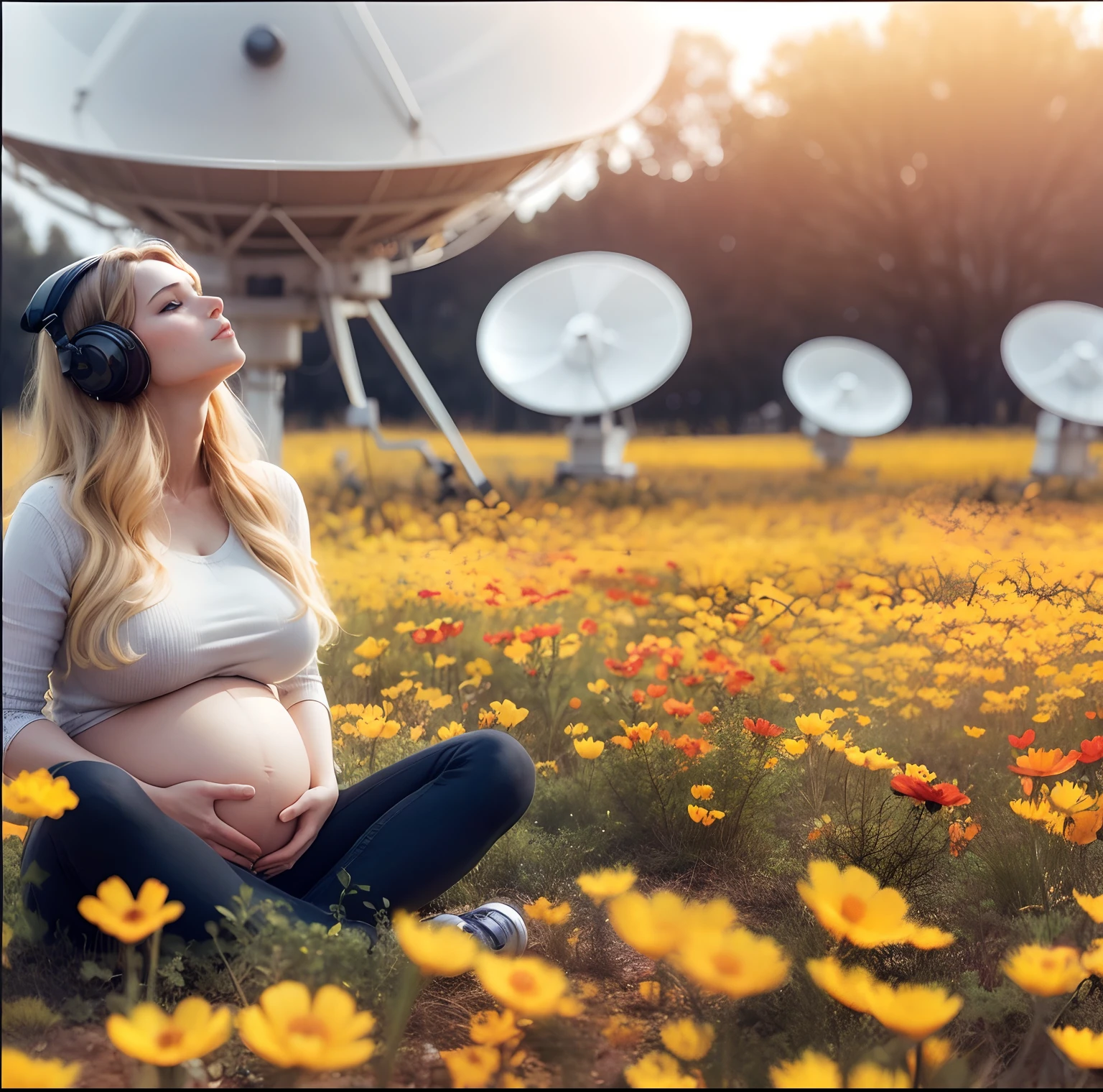 Pregnant woman wearing headphones behind a large radio telescope
