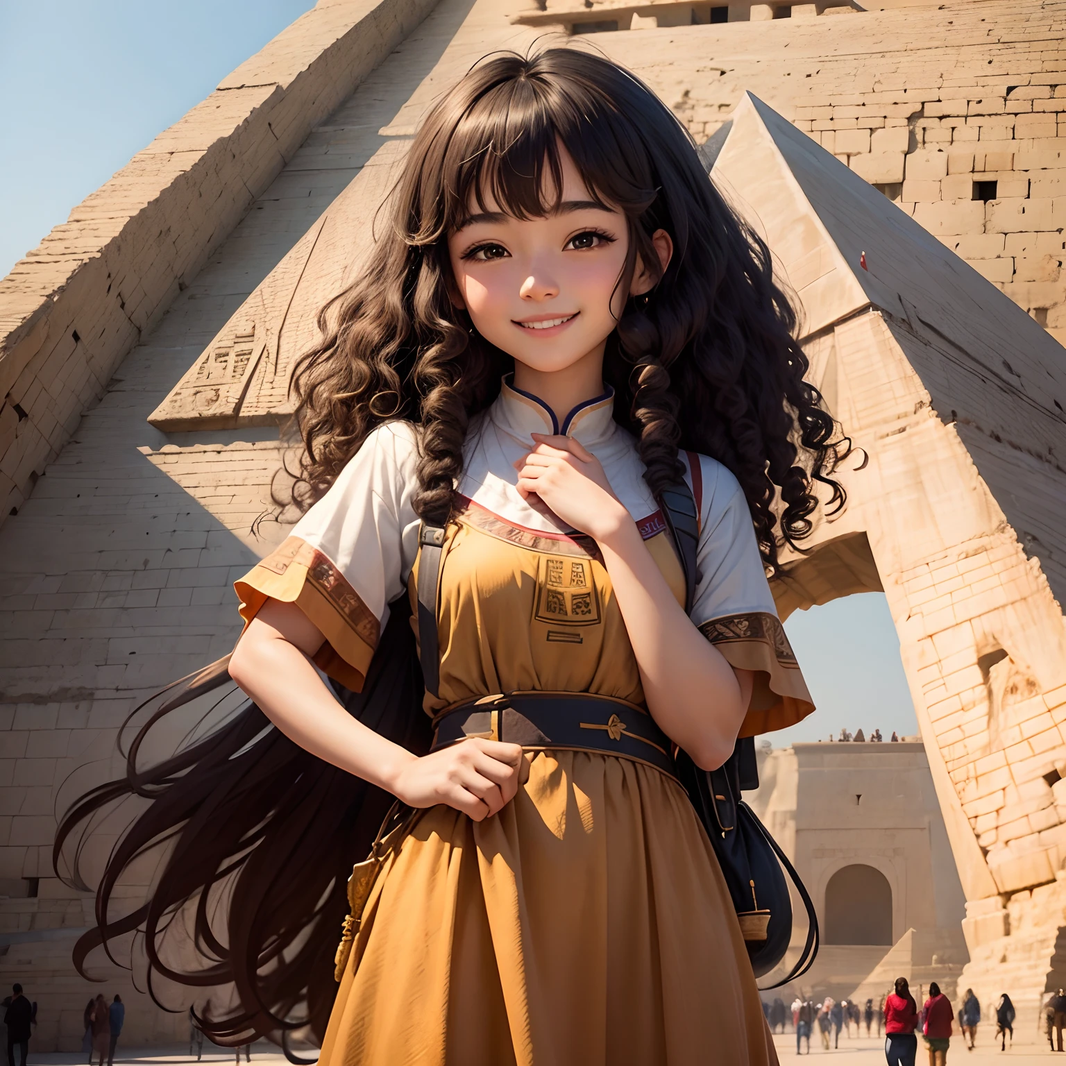 An Italian-Chinese girl with curly brown hair smiles confidently in front of the pyramid of Khufu