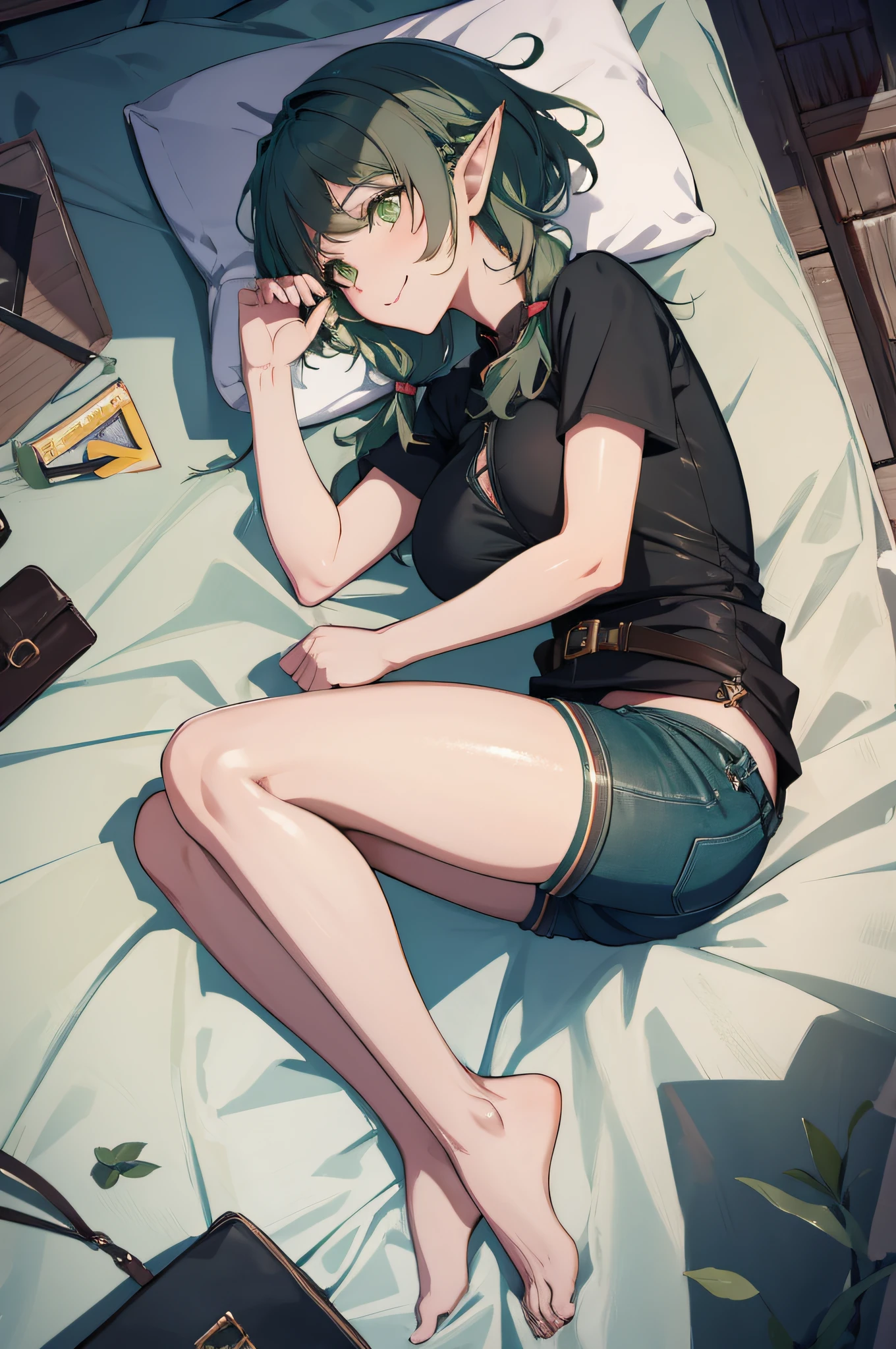 (masterpiece, best quality, detailed) ,1girl, highelfarcher, high elf archer, elf, (green eyes:1.5), (green hair:1.2), hair between eyes, long hair, pointy ears, sidelocks, jeans walking down the street,cute anime girl, pretty anime girl, smooth anime cg art, beautiful anime girl, attractive anime girl, ecchi anime style, seductive anime girl.teasing smile, clean detailed anime art,high resolution, (perfect hands, perfect anatomy),