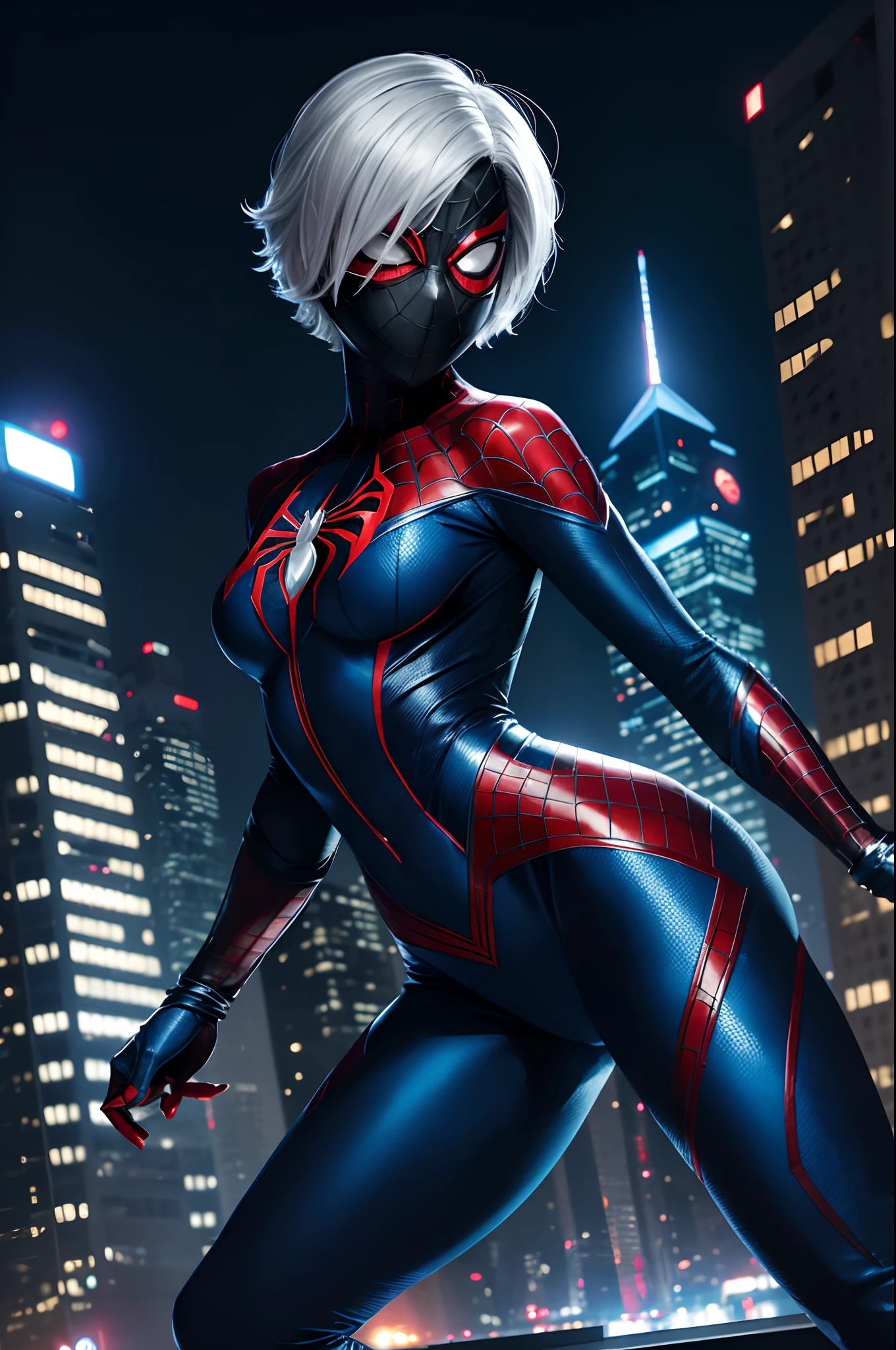 Villain Spider-Woman, Short white hair bob, Mask on the whole face, tight blue suit, on roof, night city, luna, higly detailed, Realistic full-length photo