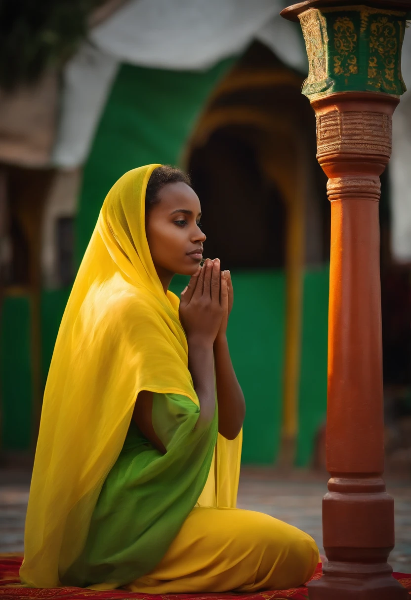 An Ethiopian Christian beautiful girl wears A green yellow and red color cloth and praying in front of mosque