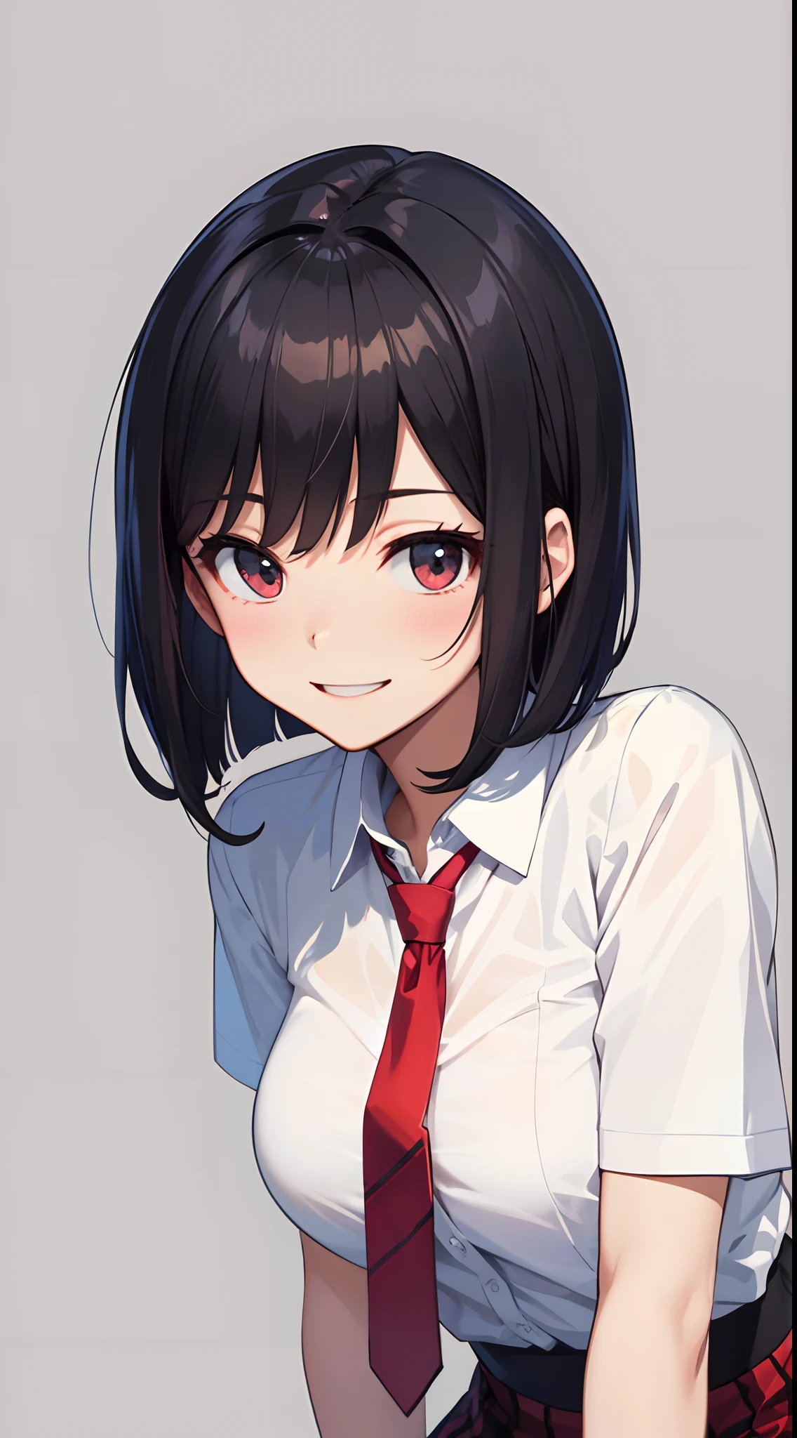 ​masterpiece、top-quality、detaile、hight resolution、extremely delicate and beautiful、Short bob with black hair、simple background、upper body closeup、beutiful breast、White cutter shirt、red necktie、Red checked miniskirt、Black tights、Smile