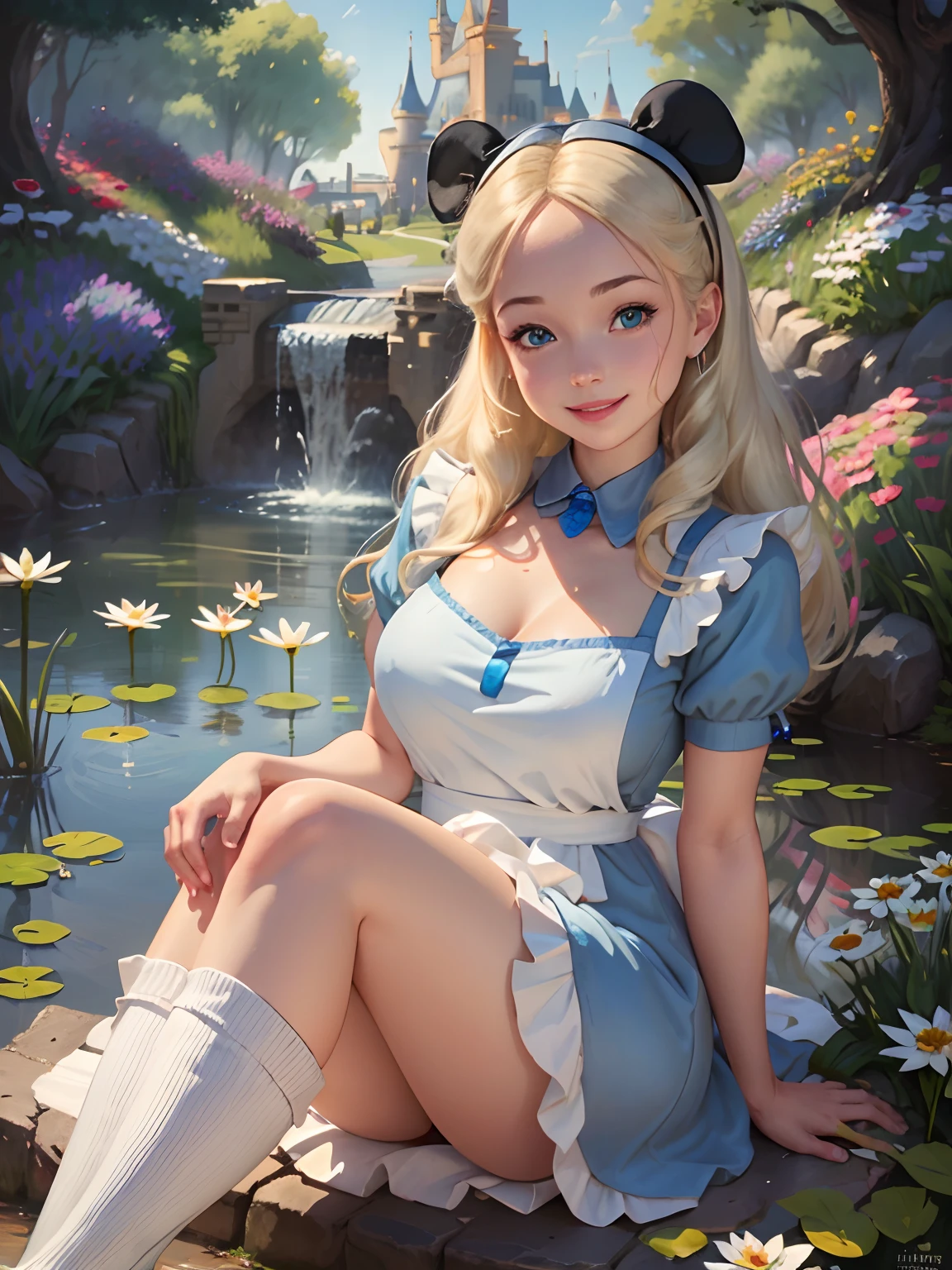 (masterpiece), (best quality), (extremely detailed), alice liddell, blue dress, white apron, black hairband, white long socks, cute pose, in a flower garden, (pond), (((disney castle at the background))), (blue sky), (sunny day), 3d. Illustration, Good Highlights, Perfect Proportions, dynamic, Professional, Award winning, (high detailed skin), (high detailed face), photorealistic, HDR, ultra highres, absurdres, perfect body shape, cute smiling, perfect breast