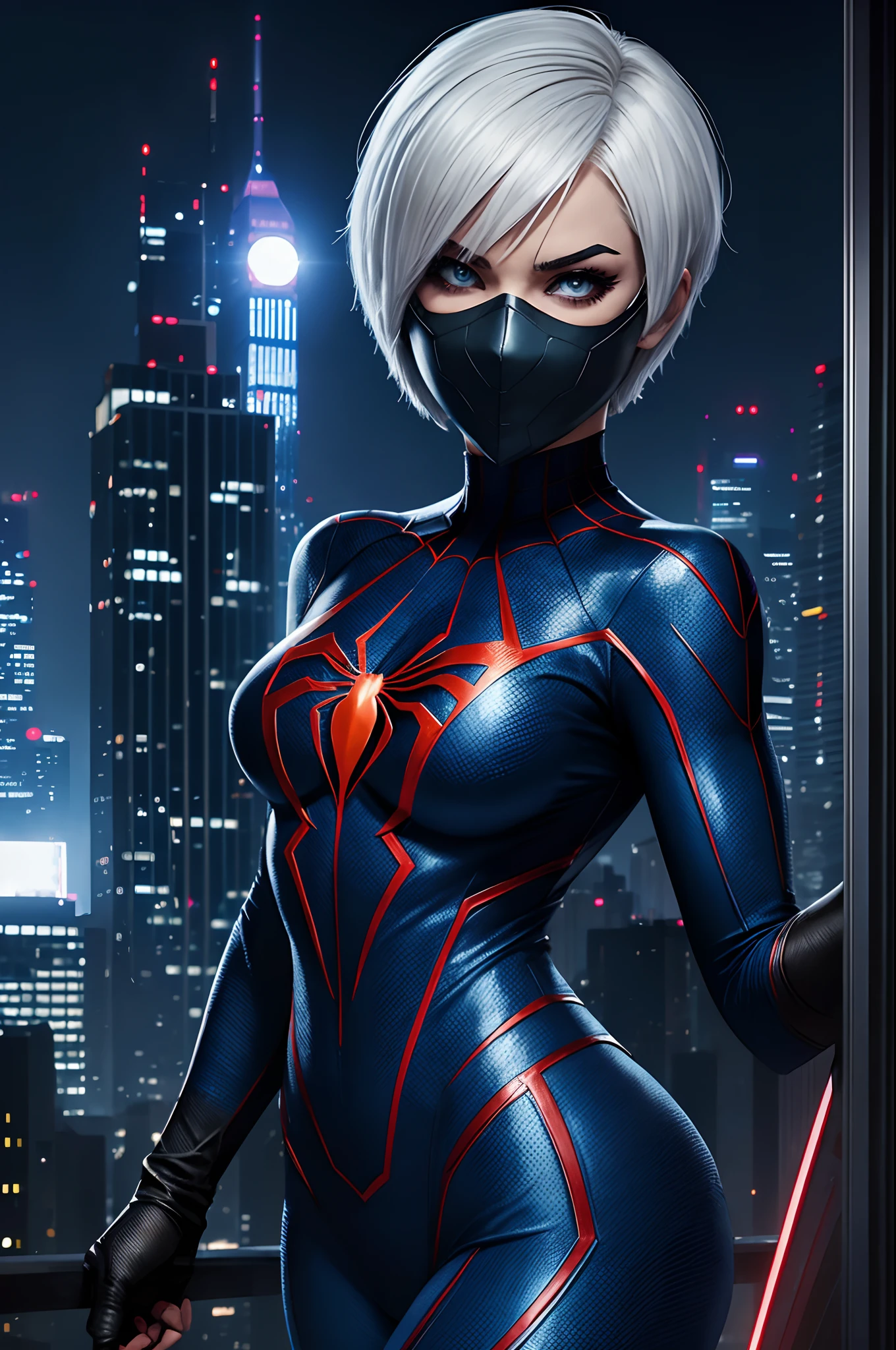 Villain Spider-Woman, Short white hair bob, Mask on the whole face, tight blue suit, on roof, night city, luna, higly detailed, Realistic full-length photo