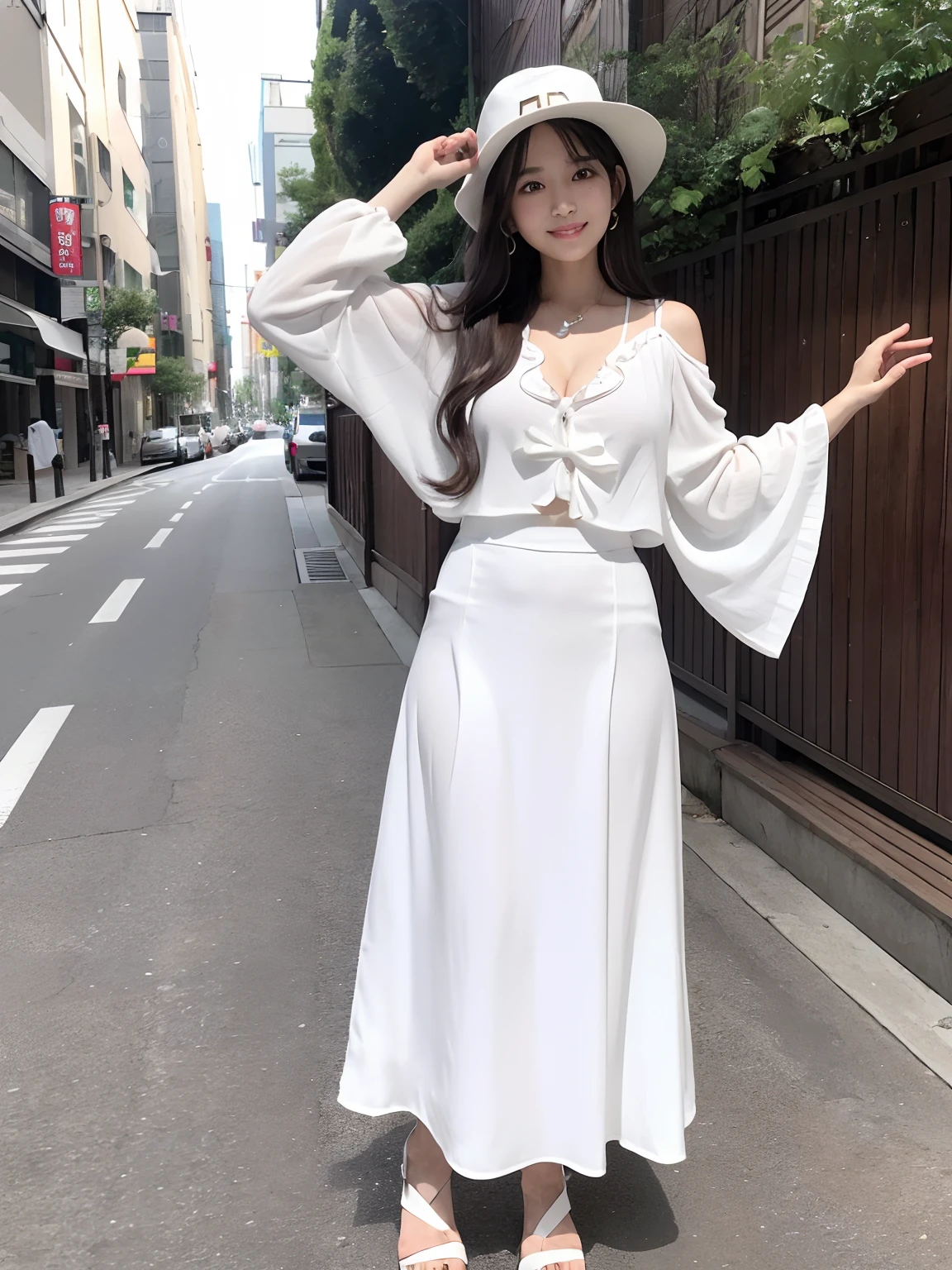 (4 k、top-quality)、(realisitic、Photorealsitic)、(Yakian)、
1girl in、独奏、fullllbody、(Back view)、
perfect hand、up looking_で_the viewer、
whiteshirt、
Ginza City at noon、Daytime、finerly detailed face、Slightly chubby、The best smile、You can see the double teeth、white hairband、Chest wide open、Light brown long curled hair,,(super gigantic breast:1.2)、volume sleeve blouse, maxi skirt, sandals, hat、(Cameltoe),35 year old、Nogizaka Idol、actress、Korean Idol、hposing Gravure Idol,place one's arms behind one's back,raise both arm,(Aside)、Model Standing、