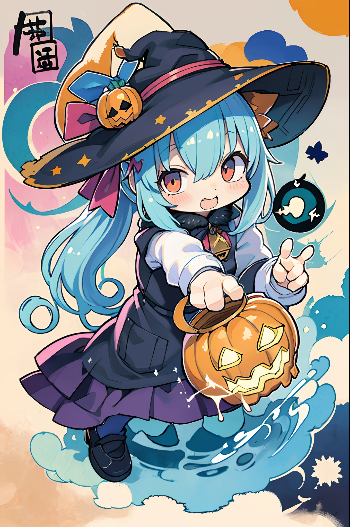 Charming Halloween 8 year old witch, Random coloring,2D, planar vector, T-shirt design, Colorful splashes, Fantasy Art, Watercolor effect,Digital Painting, white bg, 8K、Chibi
