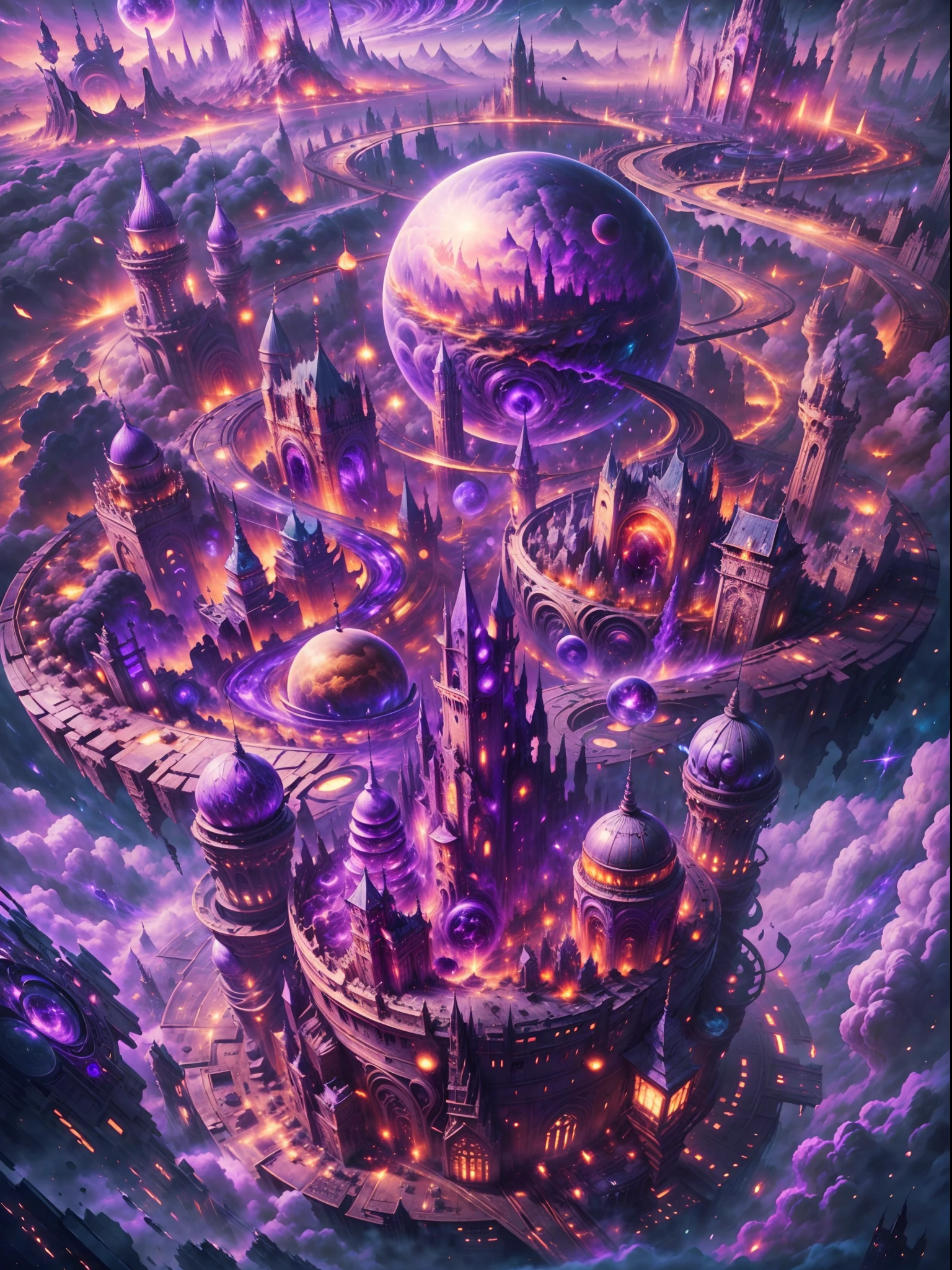 ((master piece)), best quality, (8k, best quality, masterpiece:1.2), ultra-detailed, illustration, big fantasy city, Science fiction, ethereal city, Floating city, many planets in the skies, clouds around, celestial architecture, purple energy scarring around,castle in the center with tower and houses surround, astral skies