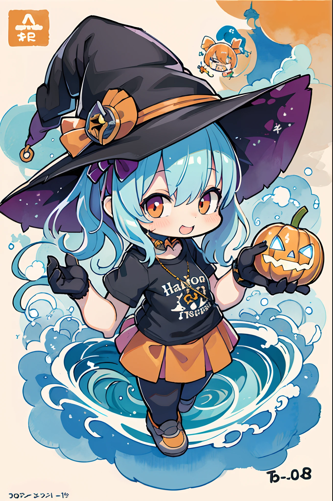 Charming Halloween 8 witch, Random coloring,2D, planar vector, T-shirt design, Colorful splashes, Fantasy Art, Watercolor effect,Digital Painting, white bg, 8K、Chibi