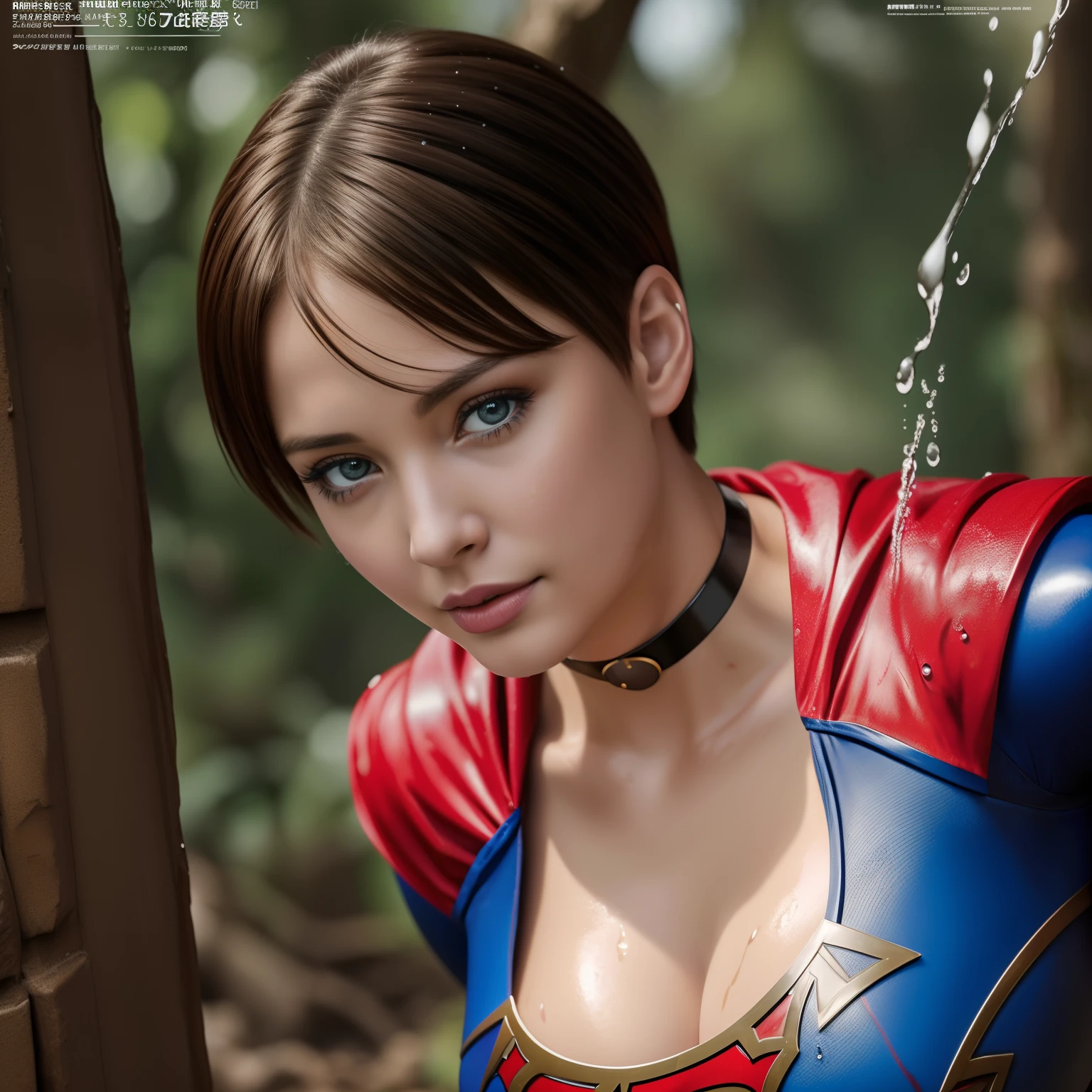 (Best Quality,4K,8K,hight resolution,masutepiece:1.2),Ultra-detailed,Realistic:1.37,Super masterpiece,Short-haired Supergirl swallowed by turbid currents、large full breasts、Looking at the camera、Glossy costume、a choker、Covered in mud、Weekly magazine cover、Splattering droplets