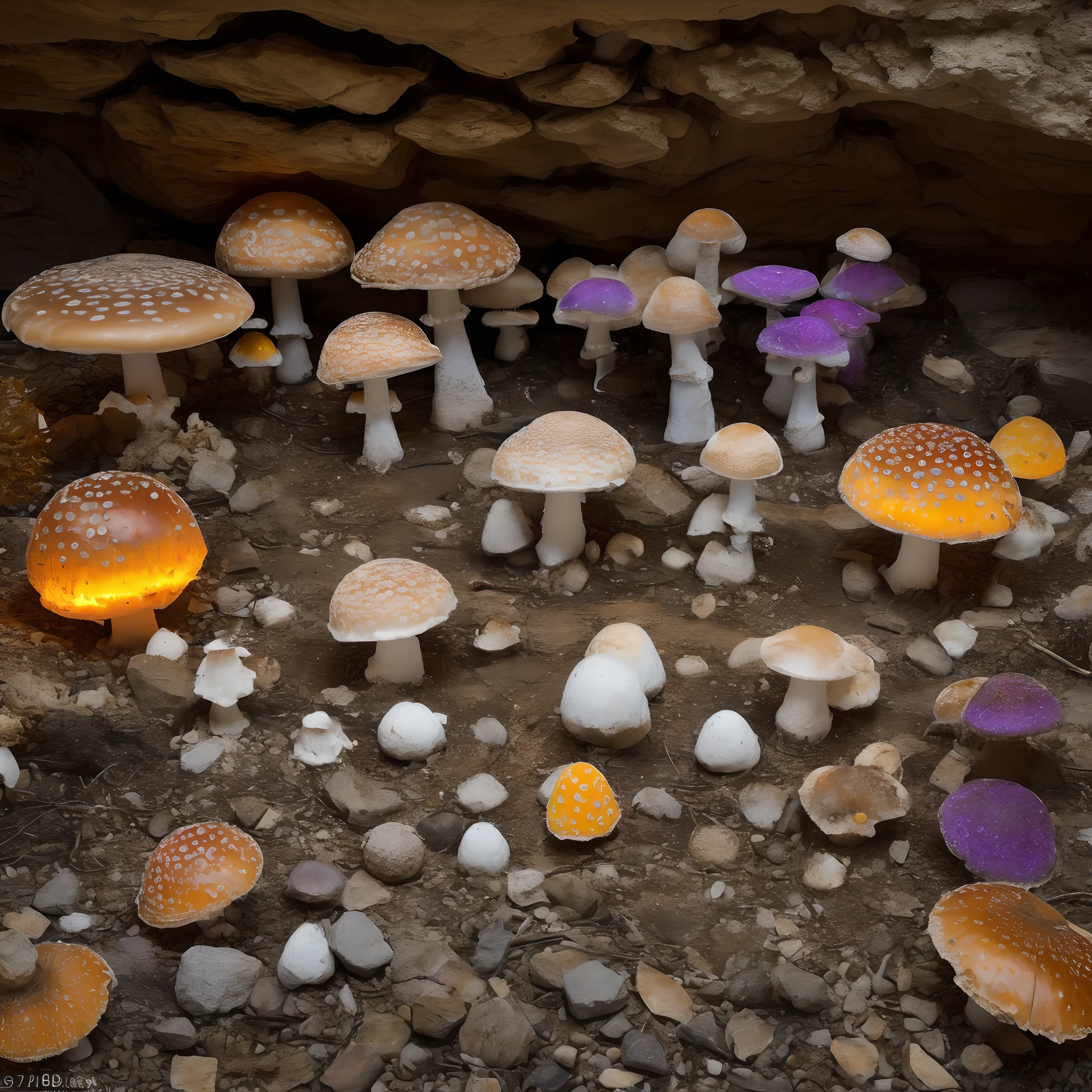 Mushroom, fly agaric, many fly agaric, many mushrooms, array of mushrooms, mushrooms, crystall, crystalls, Extensive landscape ultrasound photography (general view, which shows the stone vault of the cave), (detailed description of the cave), solidified lava (in detail), stalactites (in detail), stalagmites (in detail), as well as helicates (in detail), lake (in detail), mercury on the surface of the lake, reflection of the full moon of shooting stars on the surface of the lake, the burning surface of the lake, elves (1: 3), moths (1: 3), fireflies (1: 3), (ultra-detailed description of appearance), burning crystals (crystals: 1,2),  reflection on the surface of mercury, burning stones, (falling stones: 0.9), (fire: 1.3), crystals, mercury, cave BREAK production art, (cold light source: 1.2), (Firefly: 1.2), lilac, purple, fire particles, dark, red, yellow and orange, complex details, volumetric lighting, realistic fantasy BREAK (masterpiece: 1.2), (best quality), 4k, ultra-detailed, (dynamic composition: 1.4), high detailed, colorful details, (gloomy colors: 1.2),  (luminous lighting, atmospheric lighting), gloomy, dark, magical, (solo: 1.2)