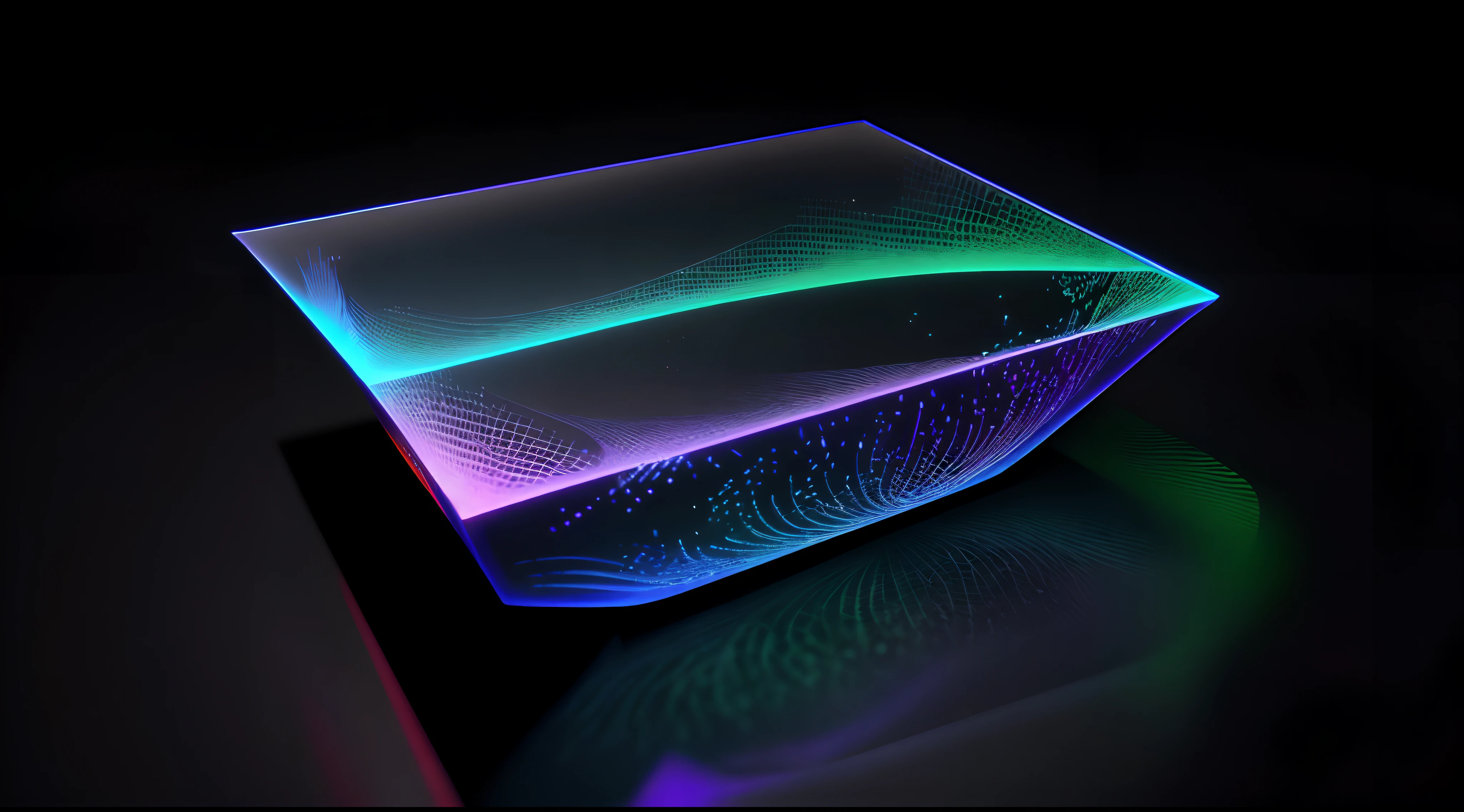 Brightly lit glass box with a wave pattern on the surface - SeaArt AI