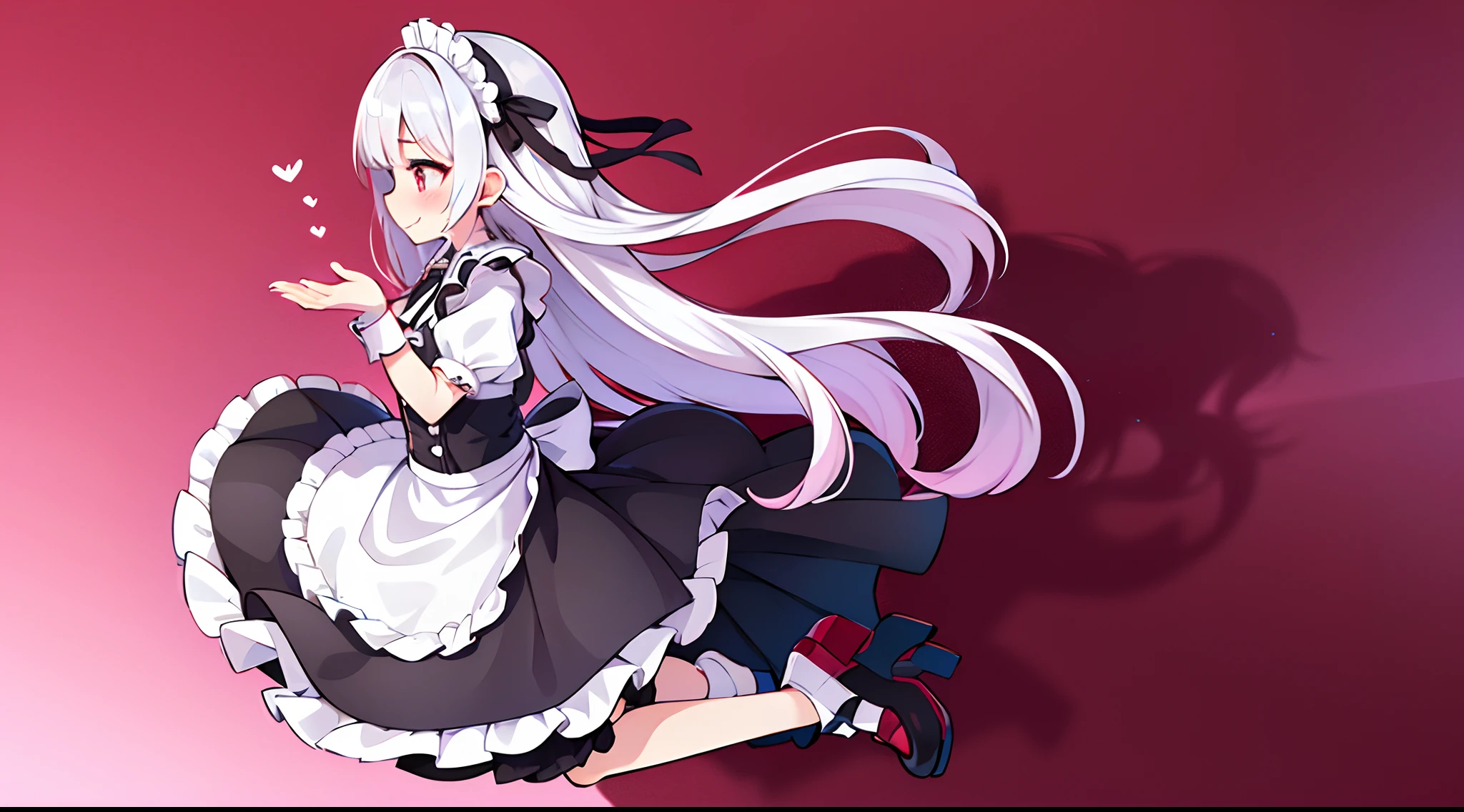 8K picture quality,silber hair,Red-eyed girl,cute little ,Long hair,Heartwarming,a miniskirt,Lolita,A smile,Thumbnail styles,maid clothes,fluffly,full body Esbian,Embarrassed expression,pink sky background,cute background,profile