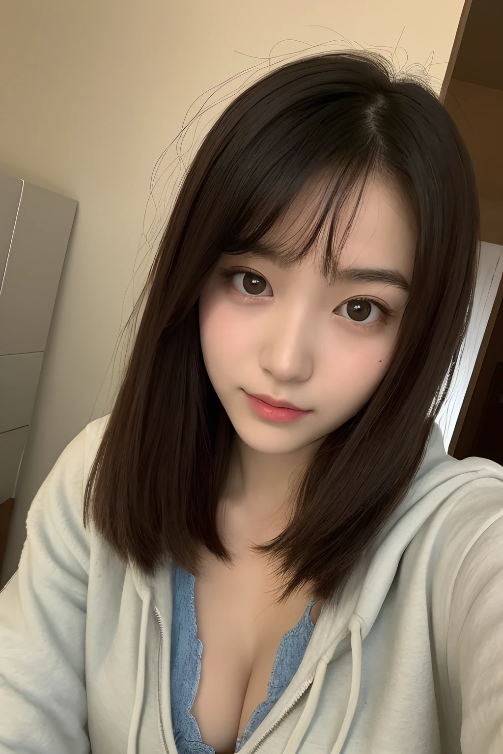 ((top quality, 8k, masterpiece: 1.3)), 1 girl, beauty with accentuated slim abs: 1.3, (casual hairstyle, big: 1.2), casual wear: 1.2, hoodie, interior, super detailed face, delicate eyes, double eyelids, soft breasts, smile, exposed cleavage, teenage girl, long disheveled hair, big eyes, young korean woman, 18 years old, facing forward, selfie, slight film grain