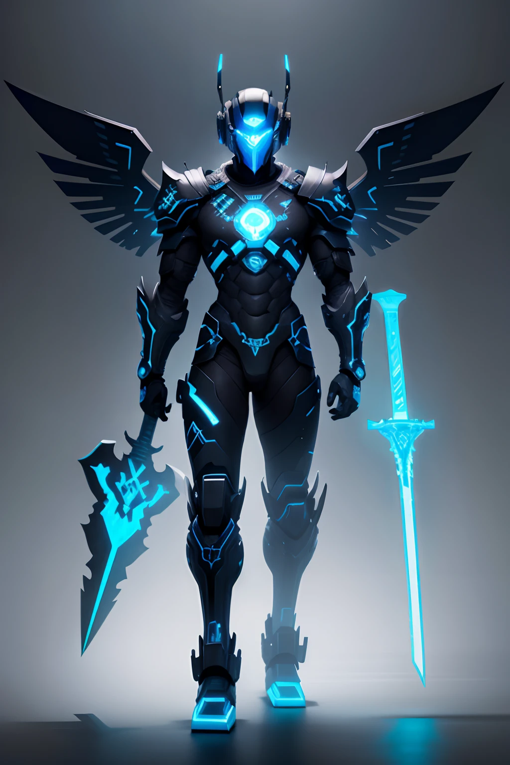 Redesign a male robot with traces on its body of neon blue and black Carrto style a blue energy Viking axe and a black metal medieval sword a gun in each hand Neon blue wings on the back