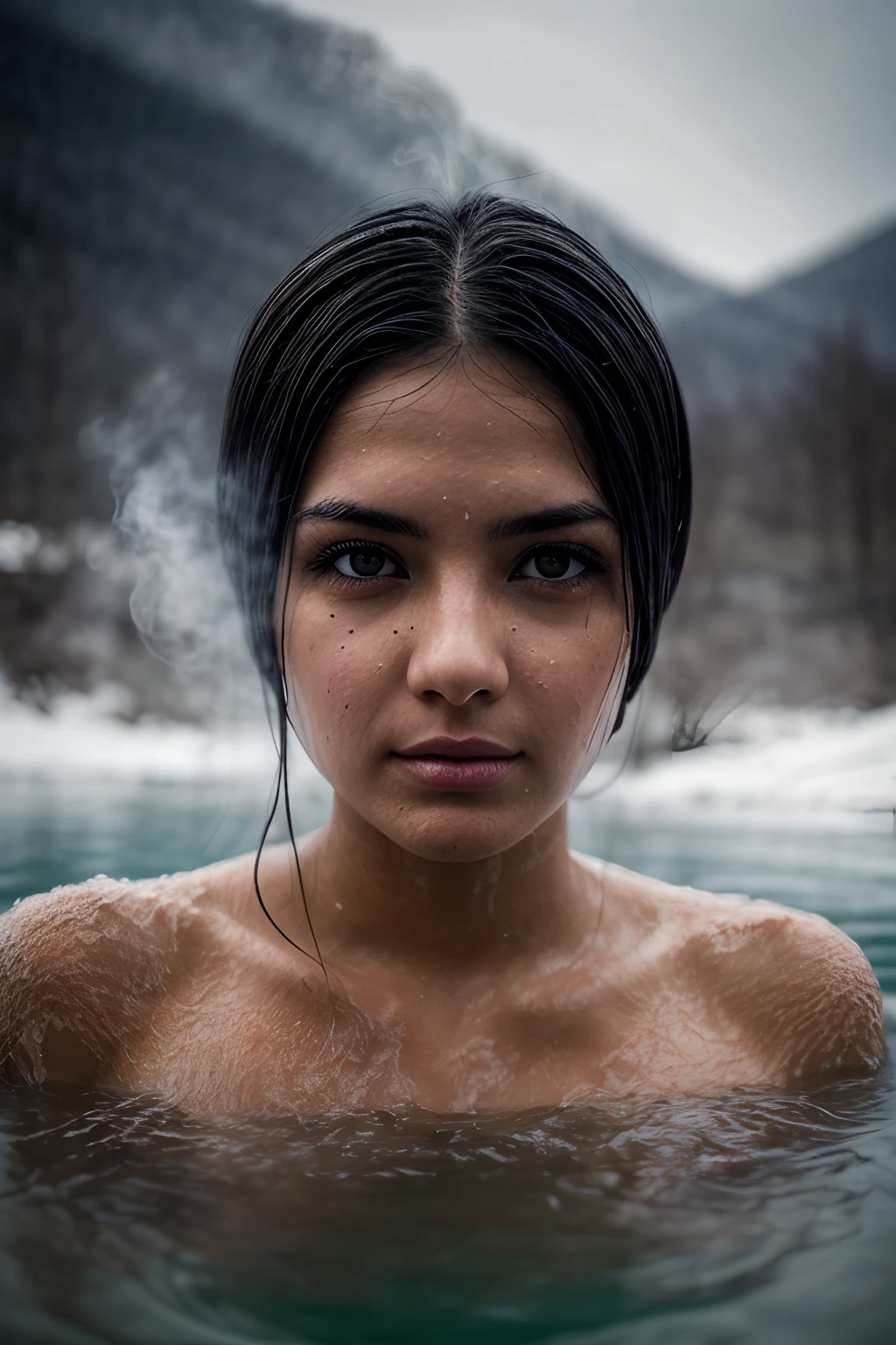 Women bathing in natural thermal pool, snowy landscape, tranquil, close range, steam, low angle shot, ultra detailed face, hdr, radiosity, sparkling eyes, moody