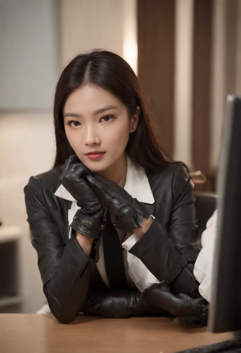 The upper body is covered with black leather gloves up to the fingertips of both hands. Black Recruitment Suit. Facing the desk in my room with a computer in the dark, Operate the computer keyboard while looking at the screen with the fingertips of black leather gloves. Black hair was tied back for a long time. Look here, Very cute Japan female new employee (The angle is Front view)