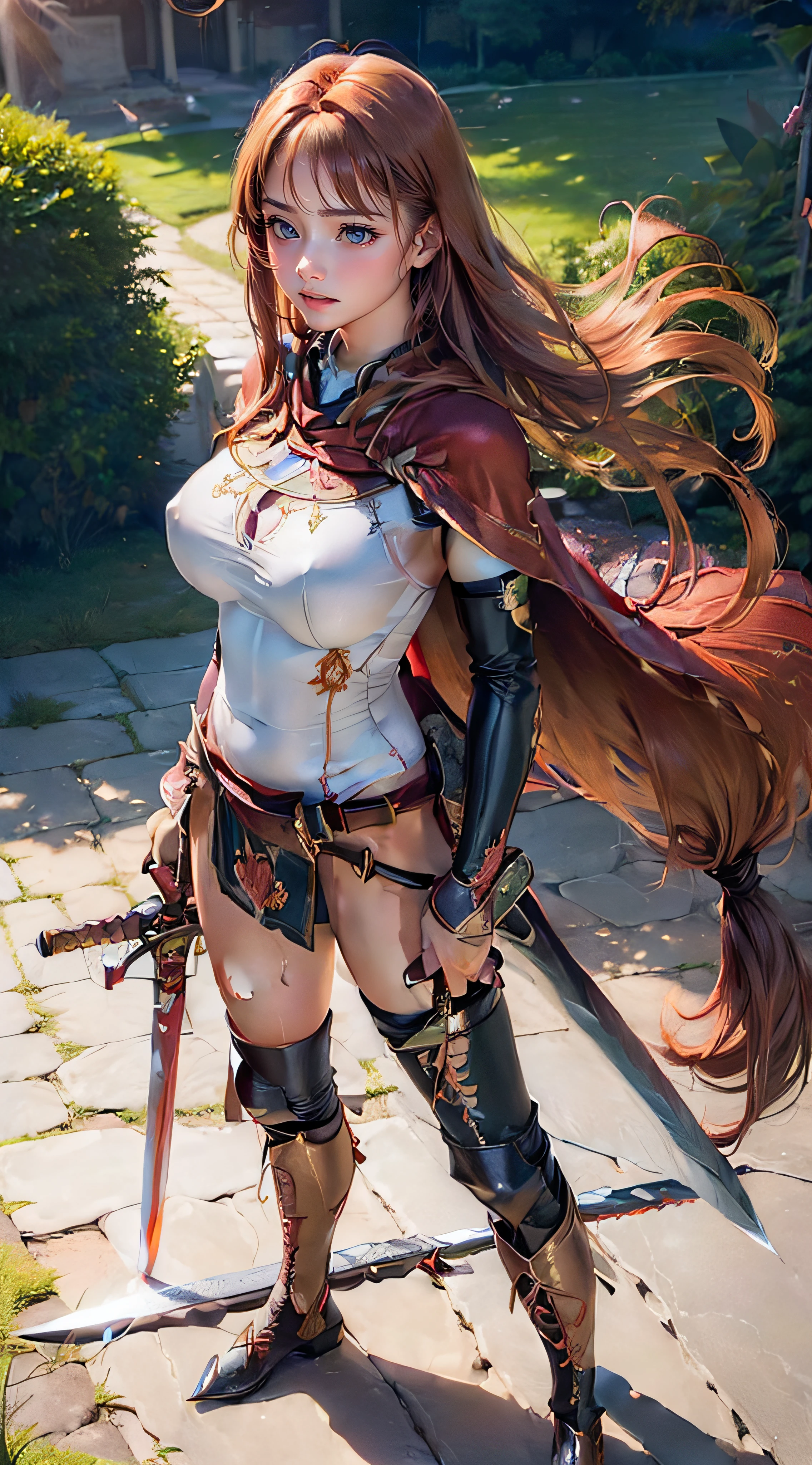 (looking at viewer:2),(1girl,full body,trained abdominal muscles,beautiful breasts,(gigantic breasts),pale skin,(pointy breasts:1.2),erect nipples,sweat,(have a long sword:1.2)),((clothed:1.2),leather boots,(carbon waist-cape armor:1.5),belt sword,(embroidered rash guard:1.5),(long silk sarong:1.2))),(((photo realistic:1.2),high resolution,best quality,masterpiece)),((extra long hair:1.5),hair blowing in the wind,blunt bangs,(extra light coppery red hair,highlight color),hair over one eye),(face forward:1.5,(prepare a sword:1.5),stand with legs apart),(sunlight:1.5)