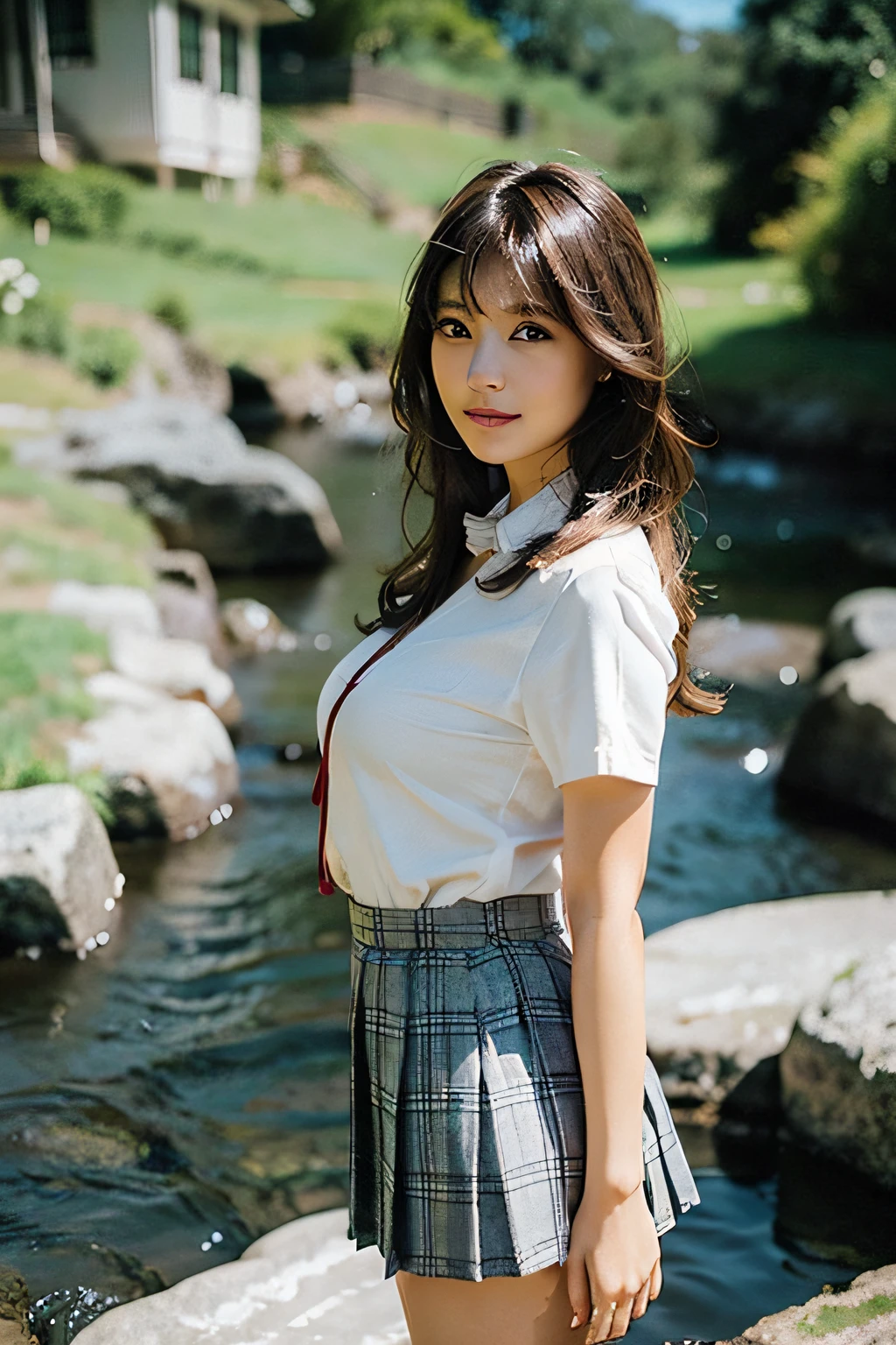 nsfw, 8K raw photo, Best quality, masterpiece, ultra high res, film grain, filmg, 1girl, looking at viewer, natural skin texture, realistic eye and face details, full lips, lipstick, (makeup), red eyeshadow, fluffy long hair, messy hair, smile, close mouth, beautiful legs, tall female, skinny, slim_legs, solo, enormous breast, cleavage, Pose with buttocks facing you, ultra short skirt, ass, shirt, beautiful nature location, around flower location, (detailed background), plaid skirt, white shirt, enormous breast, cleavage, Show a little cleavage through the shirt, loafers, blurry background, blurry, holding, plaid, short sleeves, jk ribbon on the neck, jk ribbon, brown hair, bracelet, water, bangs, school uniform, jewelry, parted lips, lips, from side, pleated skirt, depth of field
