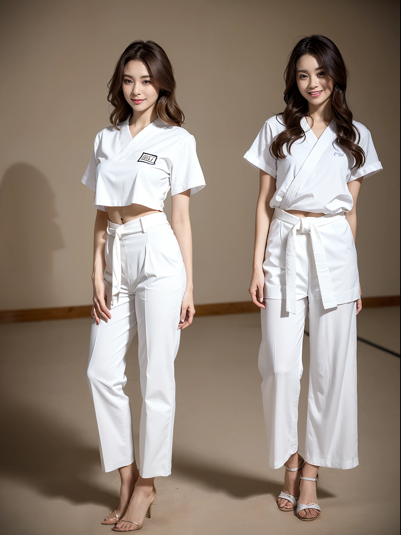 (Photorealsitic)(17 age)Beautuful Women, (8K Beauty Full Body Portrait), huge tit,Stand alone, White karate uniform with no stomach visible, White karate obi, White karate pants, Perfect facial detail, attractive beautiful face, 二重まぶた, Beautiful detailed eyes, long eyeslashes, (Smile: 1.15), ligh brown hair, Hair that does not fall on the shoulders, TOKYOcty,1 female, Toned waist, Beautiful thin legs, toned ankles, bare-legged ,