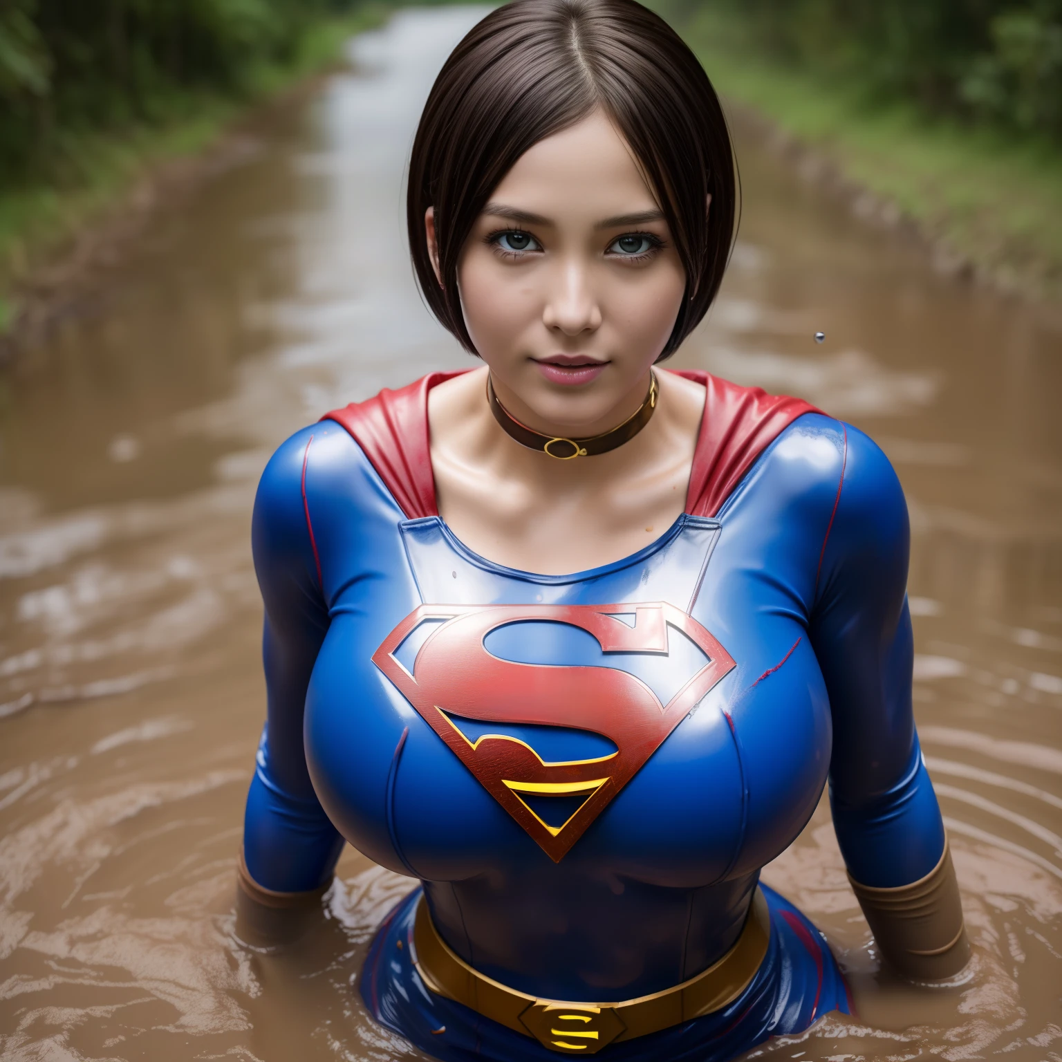 masterpiece、Short-haired Supergirl fell into a quagmire、big and full breasts、look at the camera、shiny costume、share、Mud stains、Covered in mud、choker、long sleeve、red mini skirt