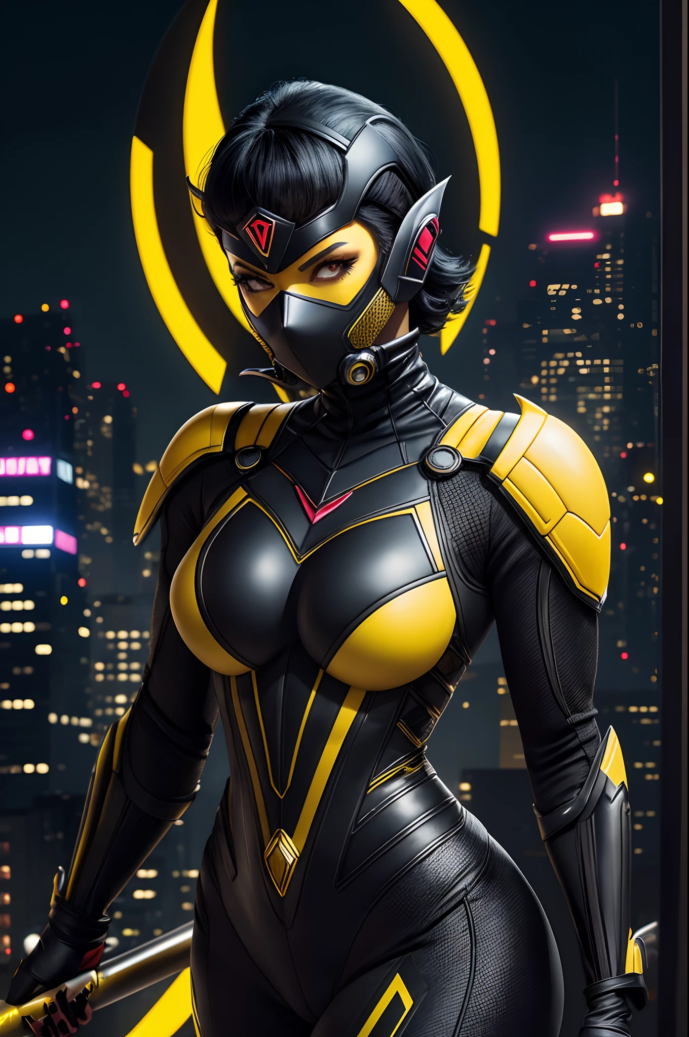 Villain Wasp Woman, Short black hair bob, Full face mask, tight yellow suit, on roof, night city, luna, higly detailed, Realistic full-length photo