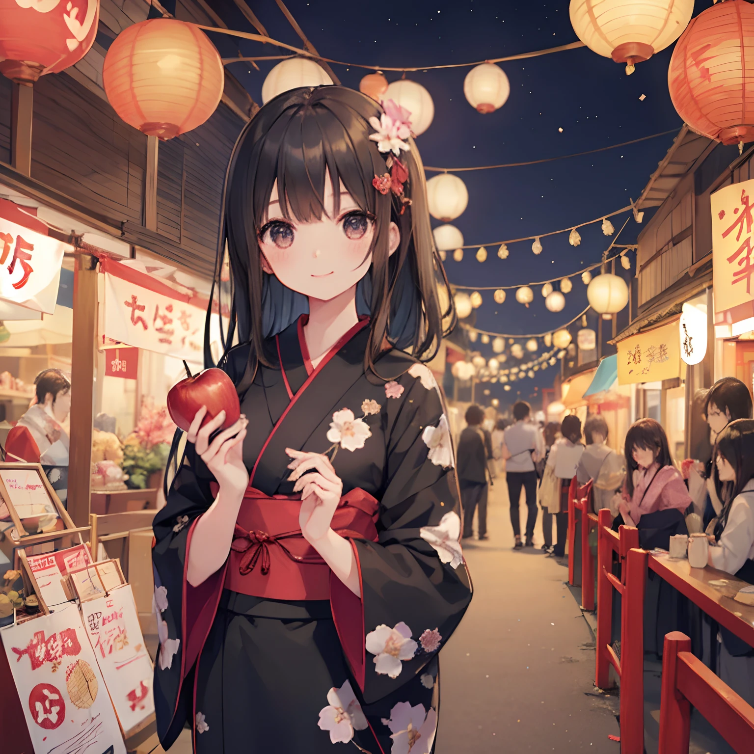 1girl in、1 person、Dark hair、Black eyes、length hair、Cute yukata、Japanese style、omatsuri、festival、food stand、paper lanterns、natta、apples、stroll、ami、A smile、laught、conversation、A delightful