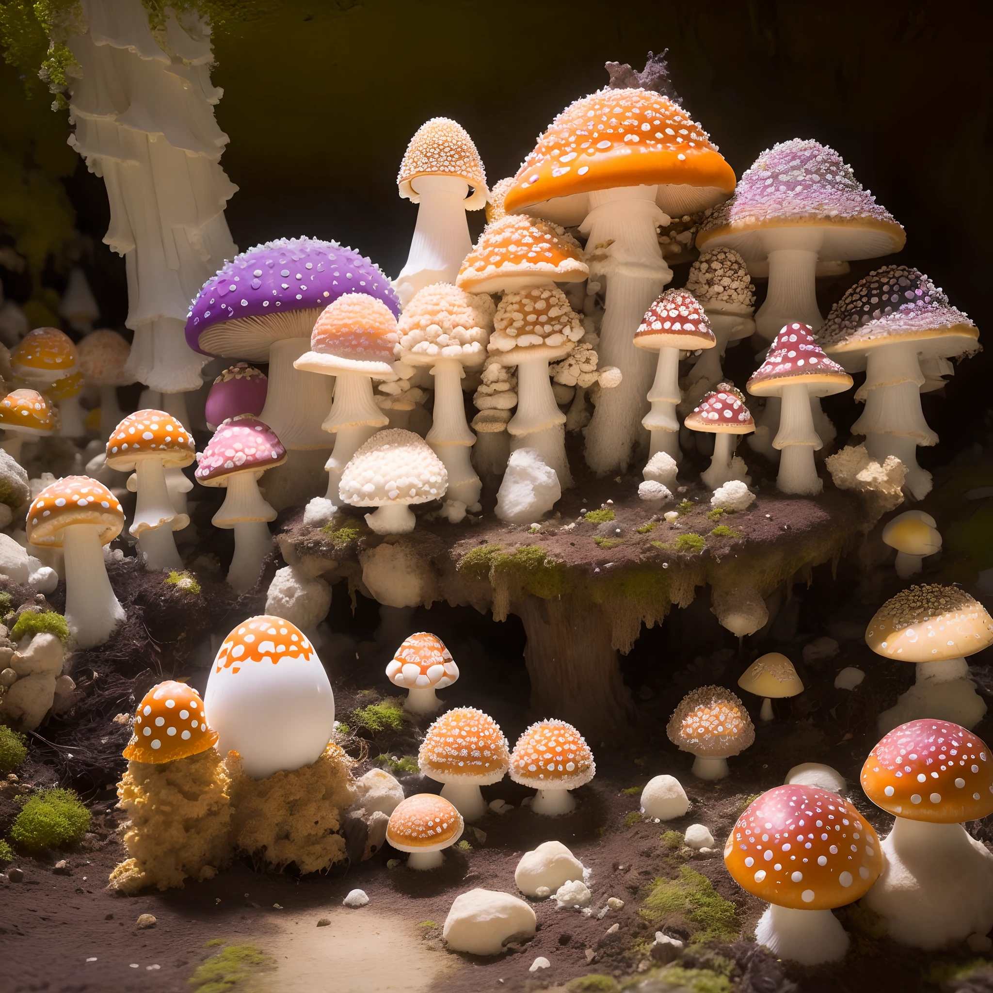 Mushroom, fly agaric, many fly agaric, many mushrooms, array of mushrooms, mushrooms, Extensive landscape ultrasound photography (general view, which shows the stone vault of the cave), (detailed description of the cave), solidified lava (in detail), stalactites (in detail), stalagmites (in detail), as well as helicates (in detail), lake (in detail), mercury on the surface of the lake, reflection of the full moon of shooting stars on the surface of the lake, the burning surface of the lake, elves (1: 3), moths (1: 3), fireflies (1: 3), (ultra-detailed description of appearance), burning crystals (crystals: 1,2),  reflection on the surface of mercury, burning stones, (falling stones: 0.9), (fire: 1.3), crystals, mercury, cave BREAK production art, (cold light source: 1.2), (Firefly: 1.2), lilac, purple, fire particles, dark, red, yellow and orange, complex details, volumetric lighting, realistic fantasy BREAK (masterpiece: 1.2), (best quality), 4k, ultra-detailed, (dynamic composition: 1.4), high detailed, colorful details, (gloomy colors: 1.2),  (luminous lighting, atmospheric lighting), gloomy, dark, magical, (solo: 1.2)