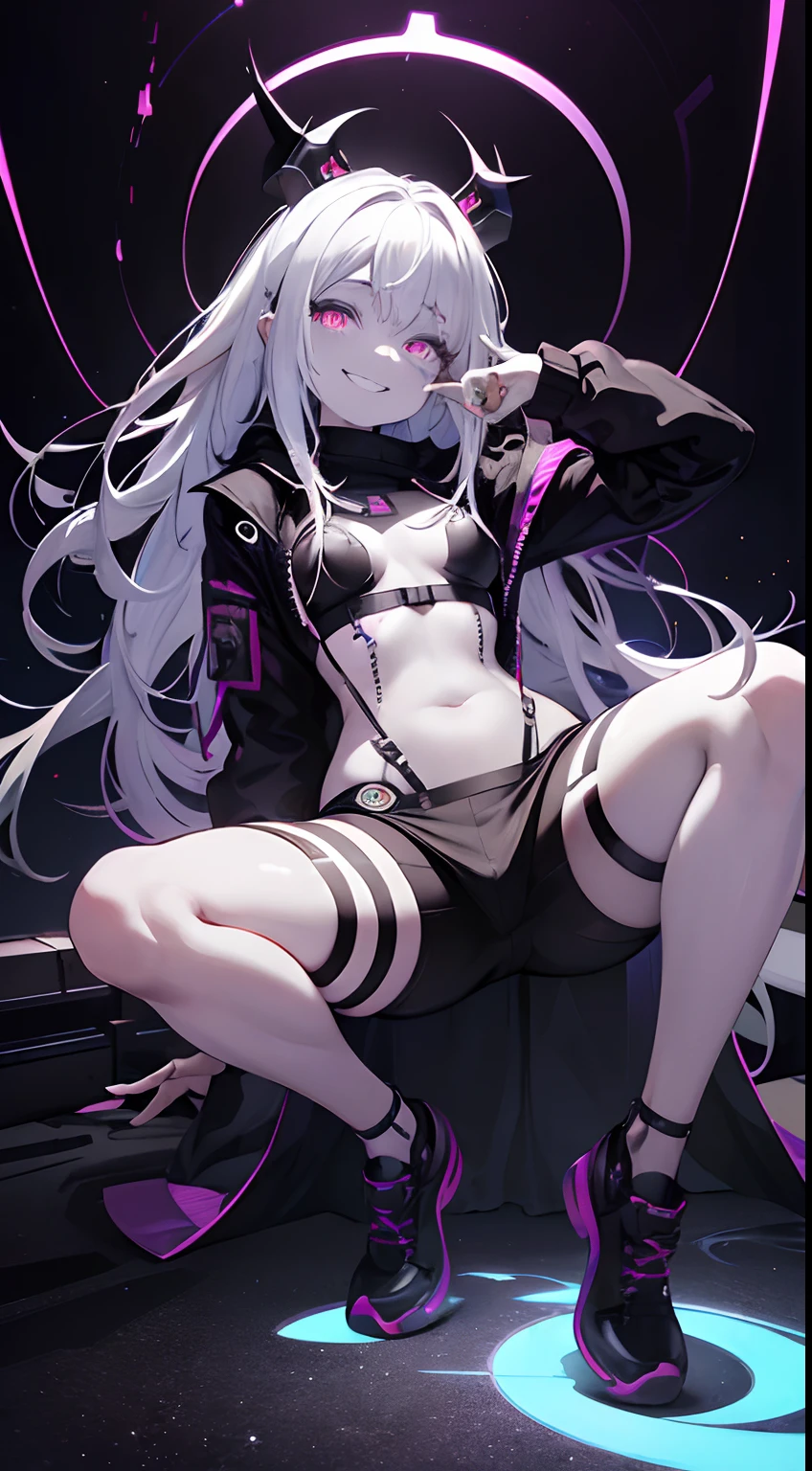 masterpiece, best quality, (((crazy eyes:1.2))), (((crazy smile:1.15))), (shaded face:1.15), teen female, dark, dark background, cyberpunk background, psyhopath, , psyhopatic trance, empty eyes, half-closed eyes, wide-eyed, small, small breast ((fullbody)) white hair, colored inner hair, white skin, long hair, crazy