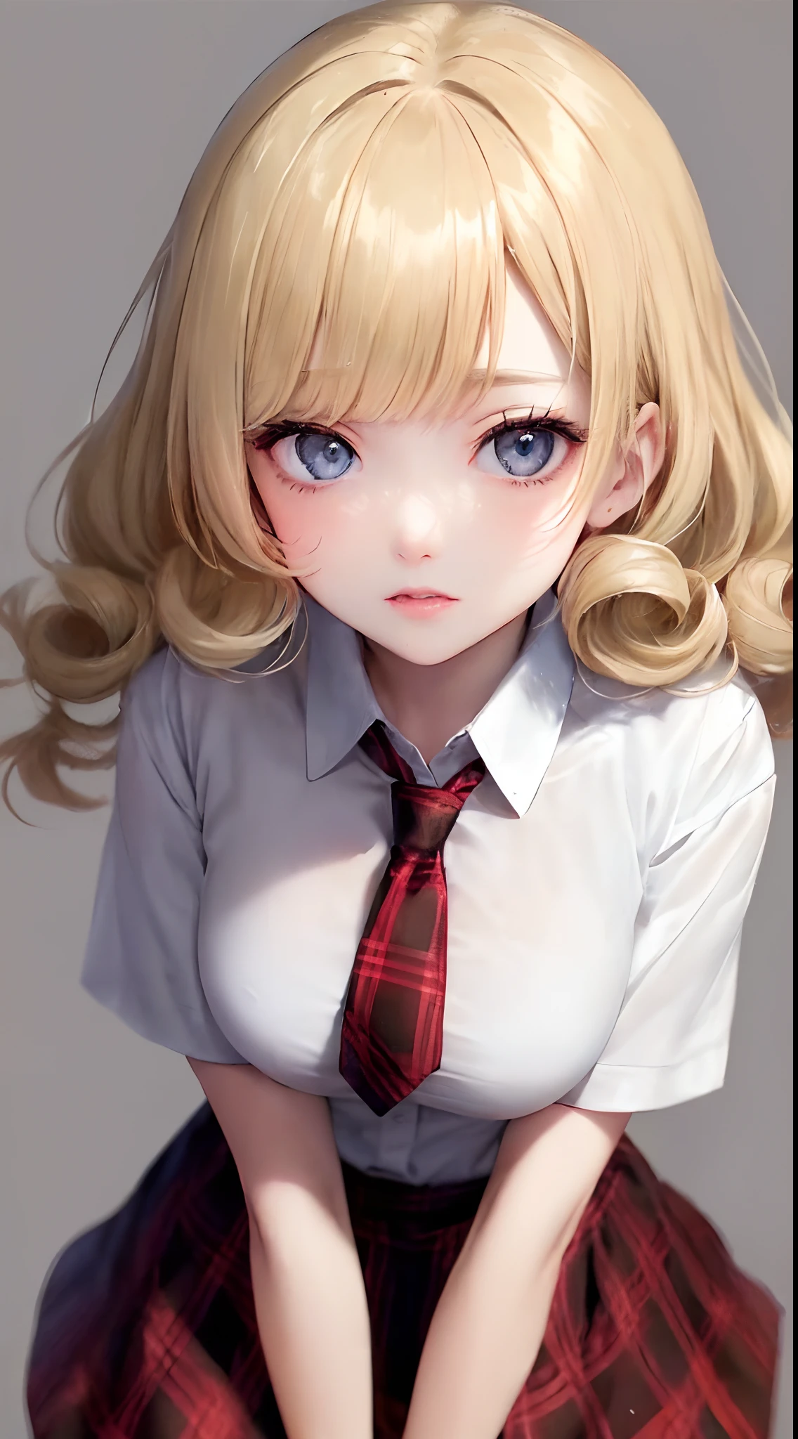 (((a blond、Portrait、looking in camera)))、[monochromes:Subdued Color:2.6] theme, (masutepiece), (Best Quality), , Light Layer, Lustrous skin, (intricate-detail , taut clothes, ),  Kim Hair, hime-cut, Blunt bangs、Blue eyes、 30s、(maturefemale)、((White cutter shirt、red necktie、Red plaid mini skirt、Black tights、curlyhair、Beautiful breasts))、symmetry、Thick lip、Lustrous lips、Tall lady、Standing Pose、white backgrounid、simple background、Single-color background、1 female、