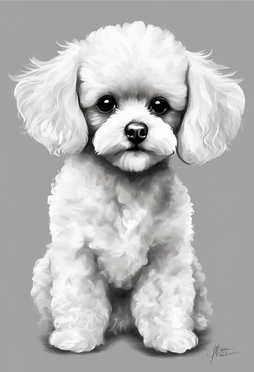 Line art of a simple toy poodle, Head and body minimalist vector art illustration, front, simple, sharp, Flat design, monochrome color, Clean lineart, Pet introduction. With an easy-to-use design、We highlight the characteristics of the toy poodle. Keep the design centered on the head area, Capture its uniqueness and charm. Illustrations should evoke a sense of sophistication and tranquility. With simple lines、ear、The eye、nase、bocchi、an legs、Draw the tail. The overall aesthetic should be sleek and elegant, Make it appropriate for illustration and design purposes, White background, (Symmetrical).