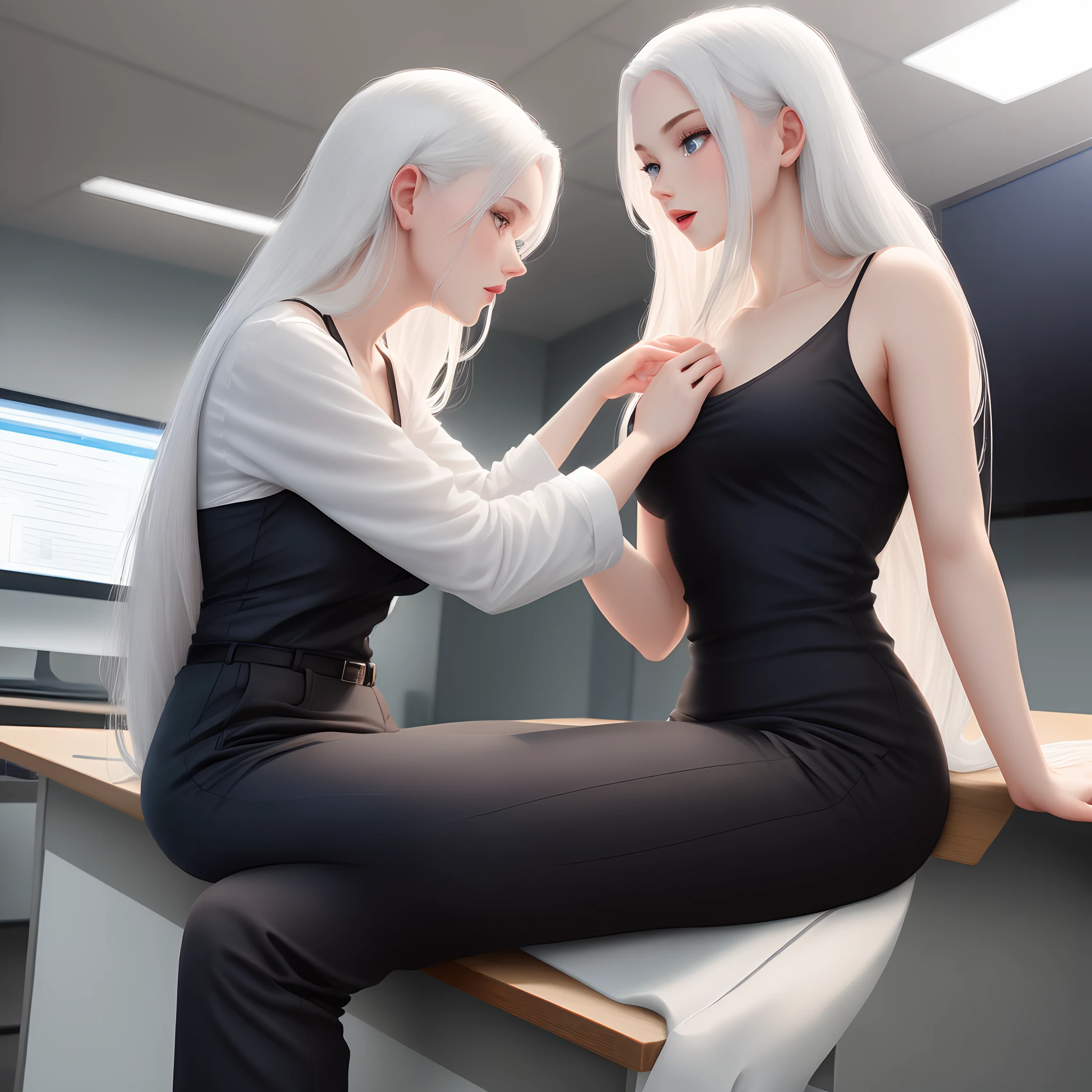 White long hair, man, white low cut shirt, black dress pants, blue eyes, sitting on an office desk and being pressed by a man.