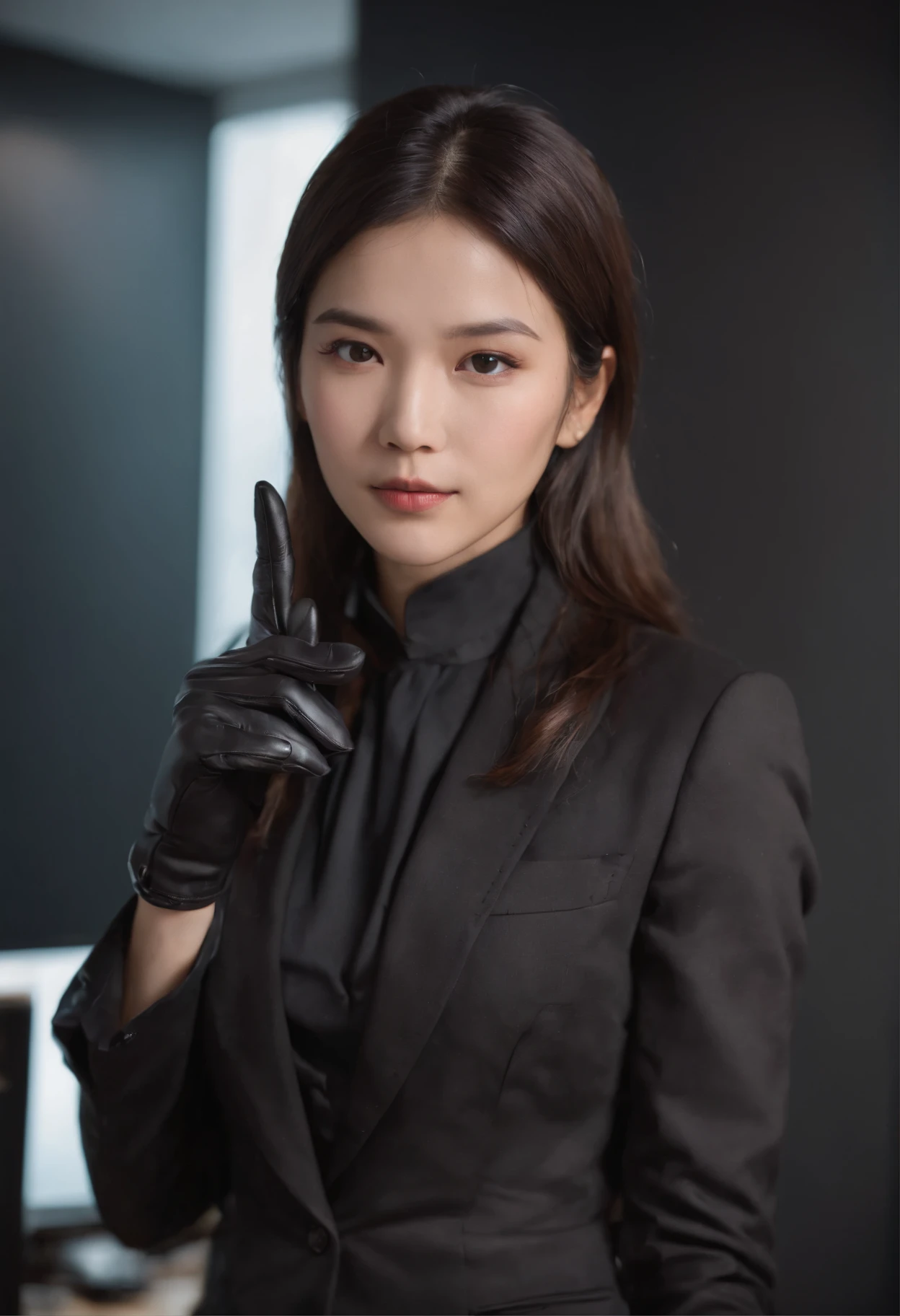 The upper body is covered with black leather gloves up to the fingertips of both hands. Black Recruitment Suit. Facing the desk in my room with a computer in the dark, Operate the computer keyboard while looking at the screen with the fingertips of black leather gloves. Black hair was tied back for a long time. Look here, Very cute Japan female new employee (The angle is Front view)