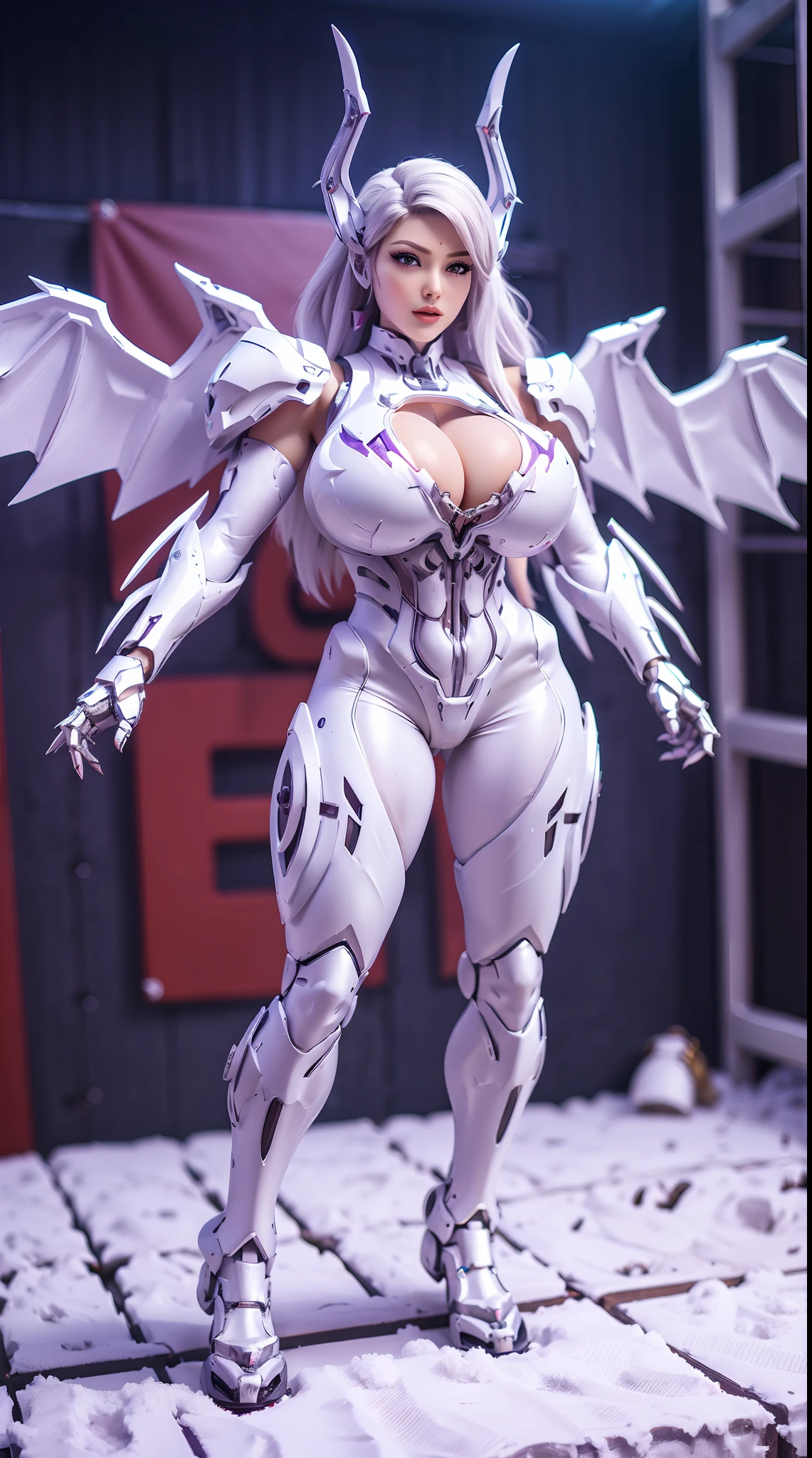 (DRAGON HEAD), HUGE FAKE BOOBS, (BEAUTIFUL FACE), (WHITE HAIR), (WHITE:1.2, PURPLE:0.8, MECHA ARMORED GEAR), (((A PAIR OF HUGE MECHANICAL WINGS SPREAD OUT))), FUTURISTIC DRAGON MECHA SUIT, (CLEAVAGE), (SKINTIGHT YOGA PANTS), (PERFECT BODY:1.2), (FULL BODY VIEW), FRONT, (STANDING:1), SEXY MUSCULAR BODY, MUSCLE ABS, UHD, 8K, 1080P.