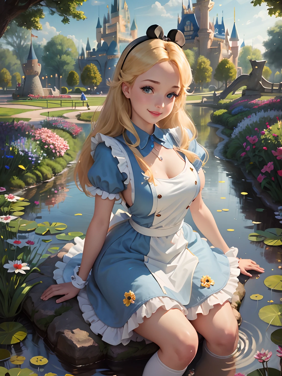 (masterpiece), (best quality), (extremely detailed), alice liddell, blue dress, white apron, black hairband, white long socks, cute pose, in a flower garden, (pond), (((disney castle at the background))), (blue sky), (sunny day), 3d. Illustration, Good Highlights, Perfect Proportions, dynamic, Professional, Award winning, (high detailed skin), (high detailed face), photorealistic, HDR, ultra highres, absurdres, perfect body shape, cute smiling, perfect breast