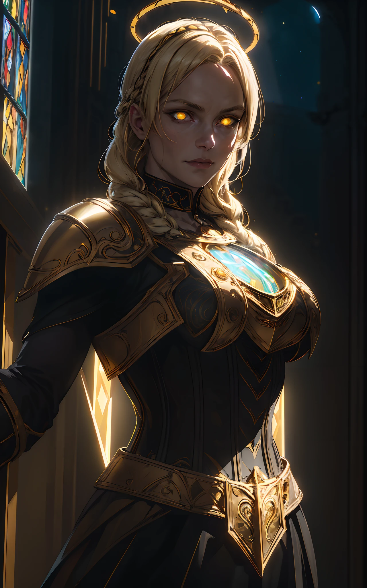 upper body of paladin lady in ornate golden armor, black collar, pauldrons, breastplate, busty, corset, glowing halo, single braid, blonde, yellow glowing eyes, bright pupils, eye focus, red cape, temple indoors, stained glass windows, night, moonlight, particles, light beam, chromatic aberration