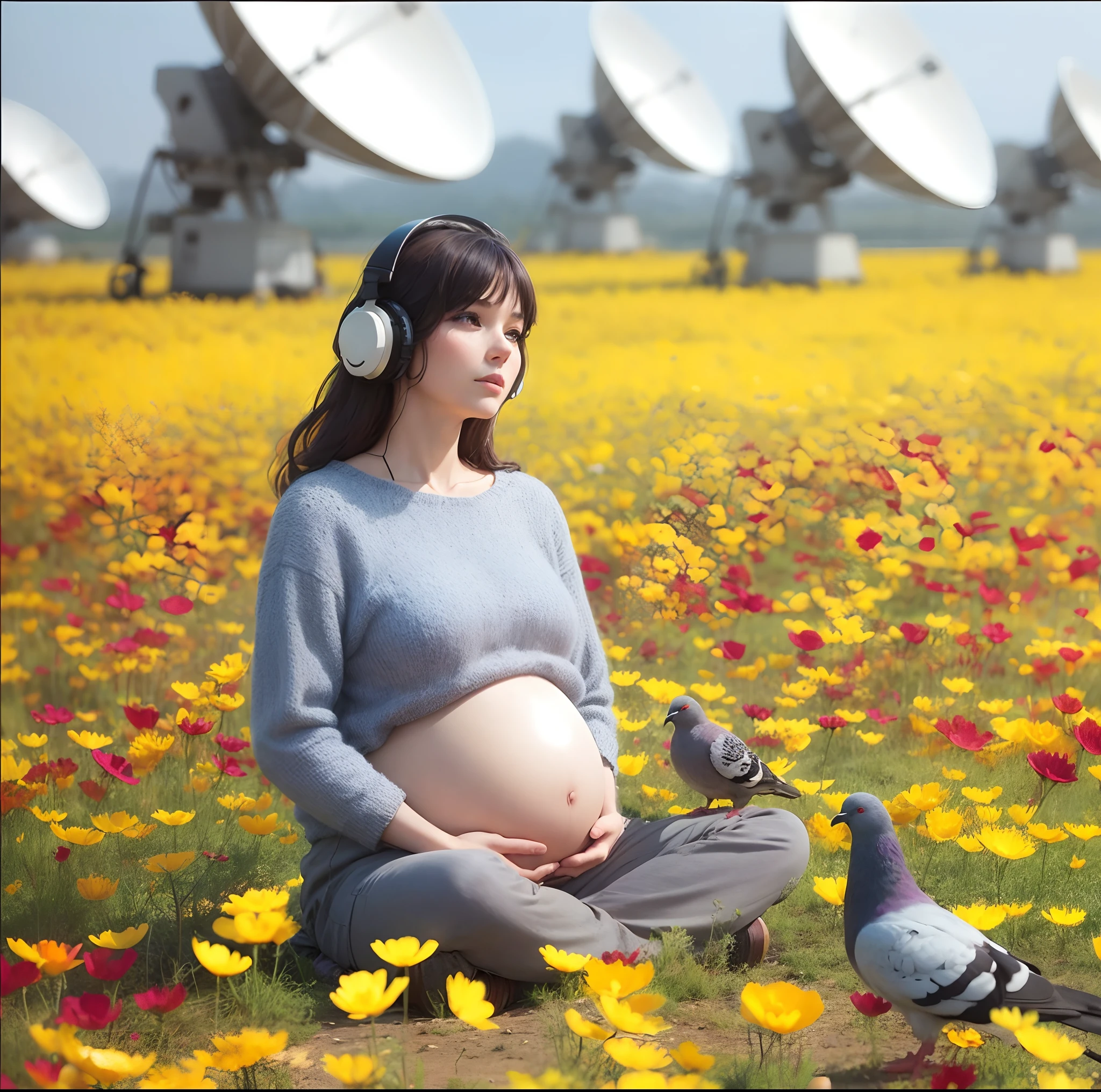 Pregnant woman sitting in a field full of yellow and red anemones wearing headphones with radio telescopes behind her.Two pigeons