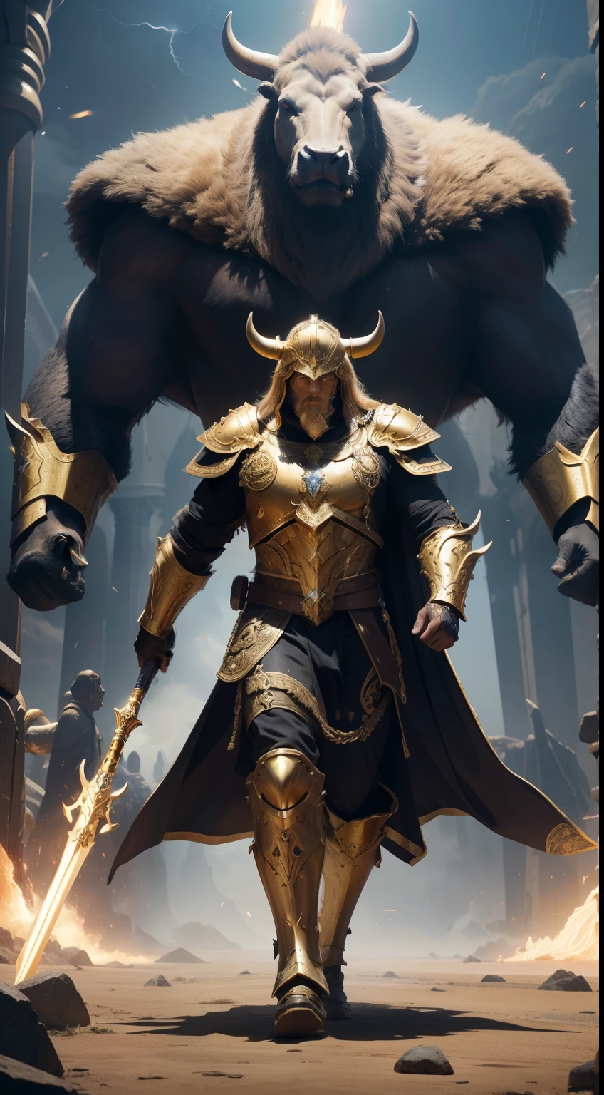 general, giant holy mace, ox face, golden armor, full body, lightning background, Animal Anthropomorphism, realistic digital, humanoid, abstract background, global illumination, intricate, epic, dramatic, masterpiece, high detail, best quality, ultra high res