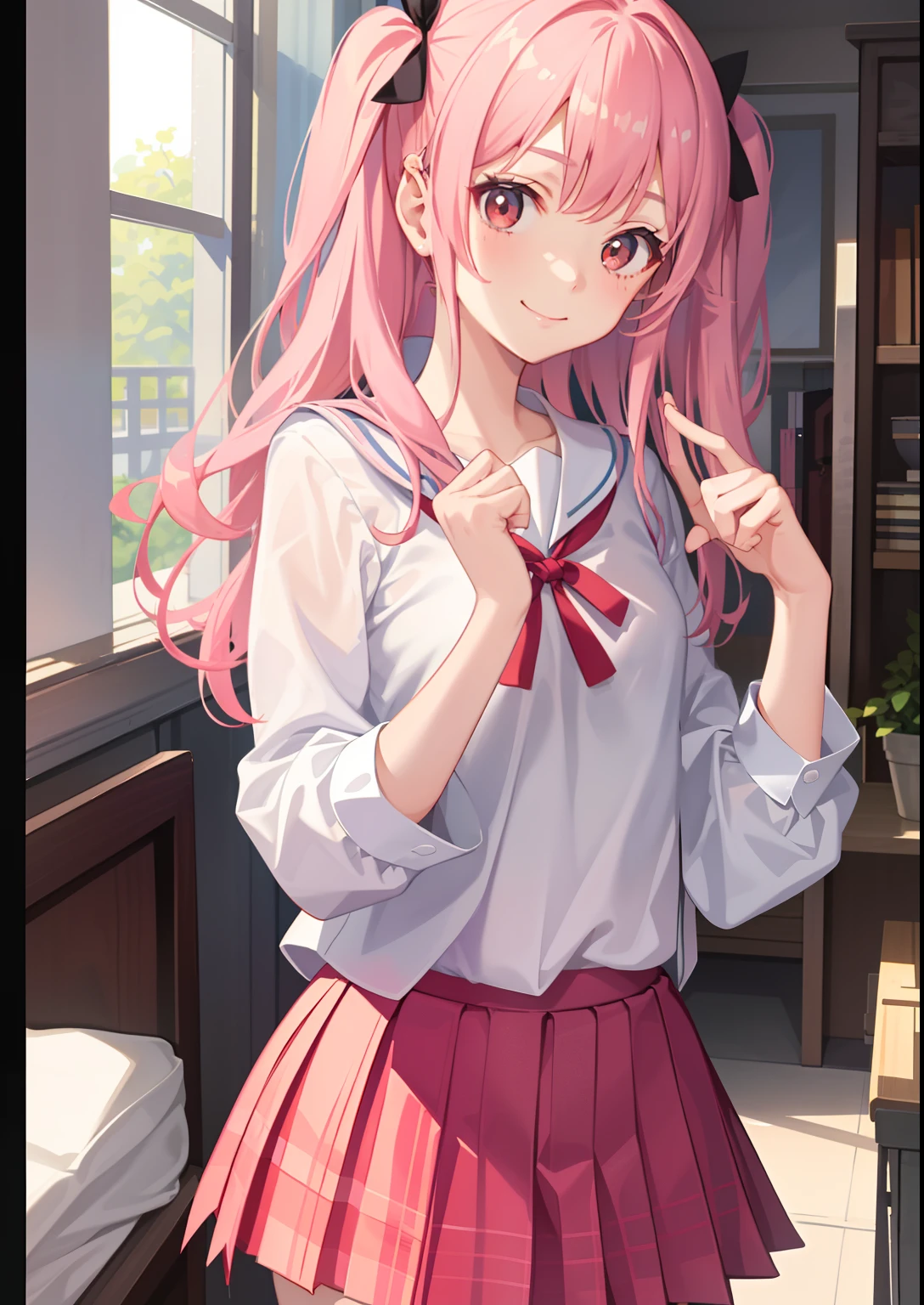 1girl in、A smile、The shirt、skirt by the、(small tits)Chilarism、Japan High School Student Uniform、serafuku、summer clothing、Squall Drenched Uniform、(Sheer Bra)、full bodyesbian、Rear view、Squatting panchira、
