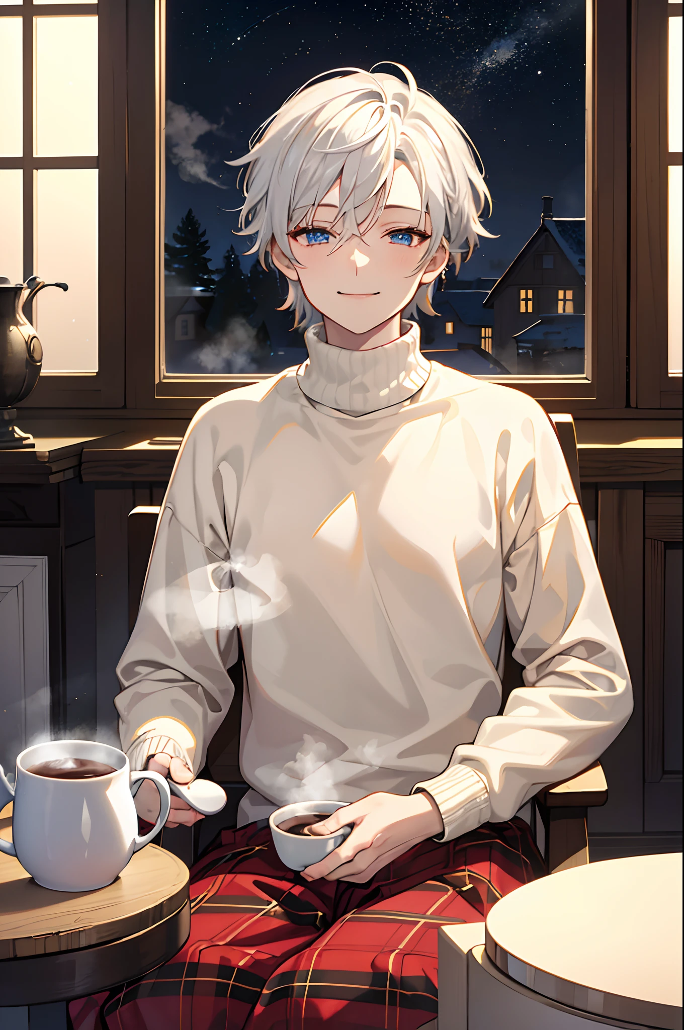 1 man, sitting on a tartan amrchair, smiling, detailed eyes, stars in eyes, half closed eyes, white hair, white eyelashes, indoor cottage background, rim lighting, looking at viewer, 1man, traditional anime style face, oversized beige turtleneck sweater, holding a steaming mug of hot chocolate, cozy, depth of field, beautiful lighting, side table, lamp, window, stars, warm colour palette, warm lighting