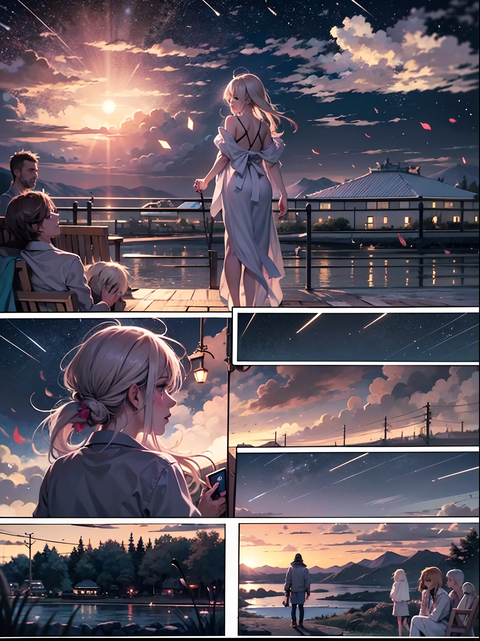 Comic storyboard:1.8, comic strip, English text, draw the Story of the woman who loves to the 30 year's man, anime emoji theme, night sky, beautiful Firefly, text dialogue box, Japanese anime manga style, hyperHD, 24K UHD, anime looks.