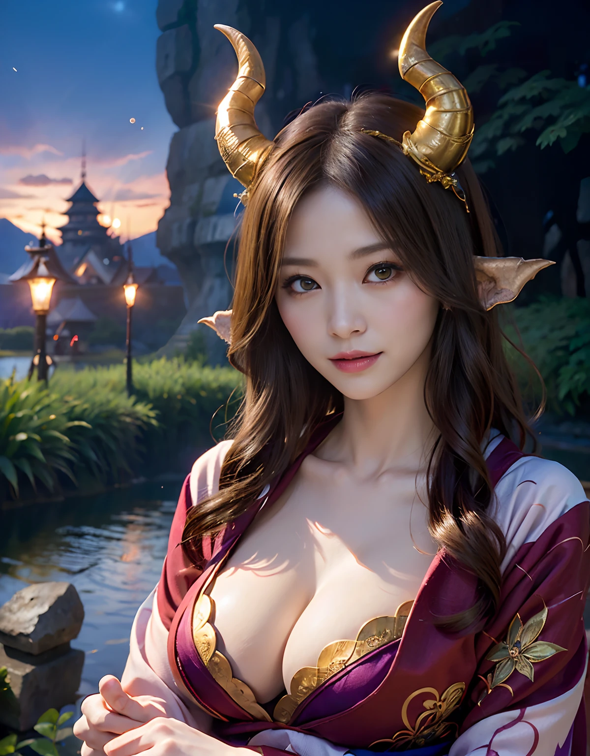 (((masutepiece,))),Professional , masterpiece、top-quality、photos realistic , depth of fields 、Raw photo、1a person、glowy skin、(sexse)、(Maple in full bloom),(Ultimate Beauty)、A dark-haired、Mystical expression、ultrasharp、(a temple background),()、(shrine background)、(Kimono with beautiful blue pattern)、(Night background)、Beautiful hair ornament on the head、,(intense fighting),((Precipitous cliffs)),(Wear a beautiful colorful kimono),(Wear a colorful and beautiful kimono)、(Japan Castle Background)、Jewel Gold Weapon、Particles of light),(intense fighting)、Gorgeous gold weapons ,Castle background、(( Gorgeous Dragon Sword)) , (a dark night),,(maikurobikini) 、((Black Haired Beautiful Girl))、(Castle background)、(demonic wings)、((Gangle's forest background))、Beautiful Caucasian beauty、1a person、dynamic ungle,(((Two devil's horns on the head)))、Smaller head、Idle Smile、Thin and beautiful female hands、Mystical expression、Light Effects、intense fighting、Wind-effect、magic circles、With the legendary magic wand、Dragon's tail、Anatomically correct fingers、Full Body Angle、Anatomically correct number of fingers、Full Body Angle、(cleavae breast)、