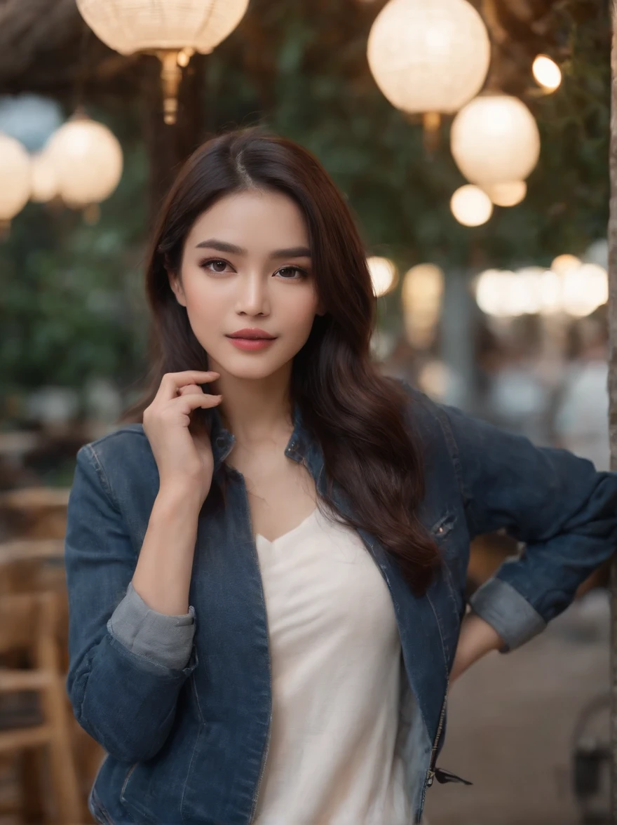 ( high quality photography) Indonesia women, flowing brown jacket, blue jeans pants, black hair, stand outdoor cafe, night, lamps, depth blur, bokeh, 300 DPI, Enchanting Atmosphere, photo, 8k, dynamic action,