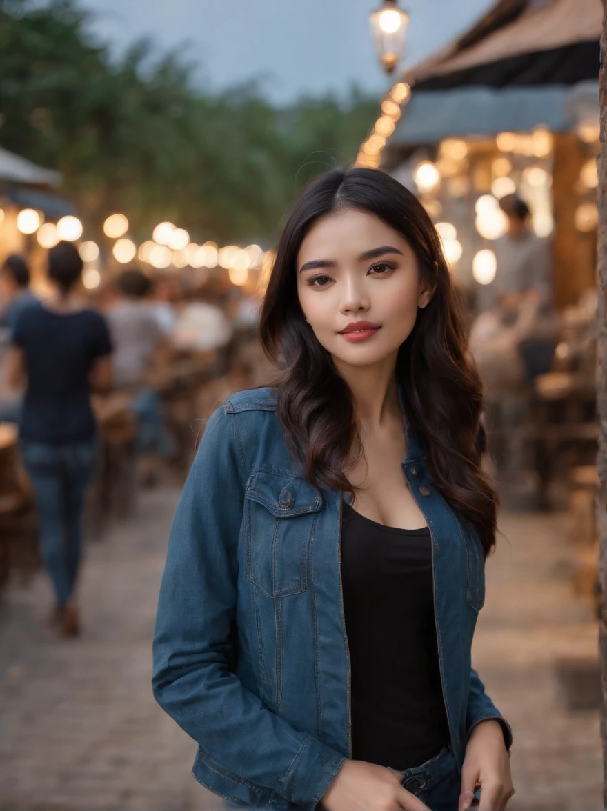 ( high quality photography) Indonesia women, flowing brown jacket, blue jeans pants, black hair, stand outdoor cafe, night, lamps, depth blur, bokeh, 300 DPI, Enchanting Atmosphere, photo, 8k, dynamic action,